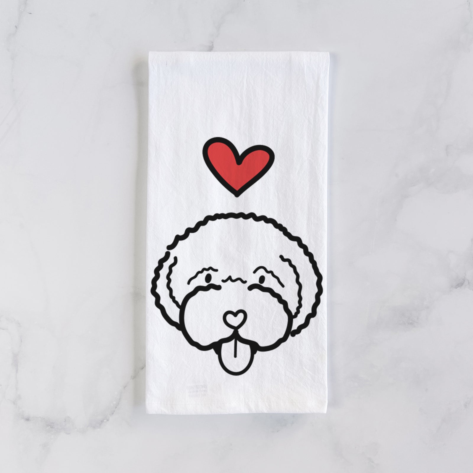 Minimalist line drawing of a Lagotta Romagnolo with a red heart on a tea towel