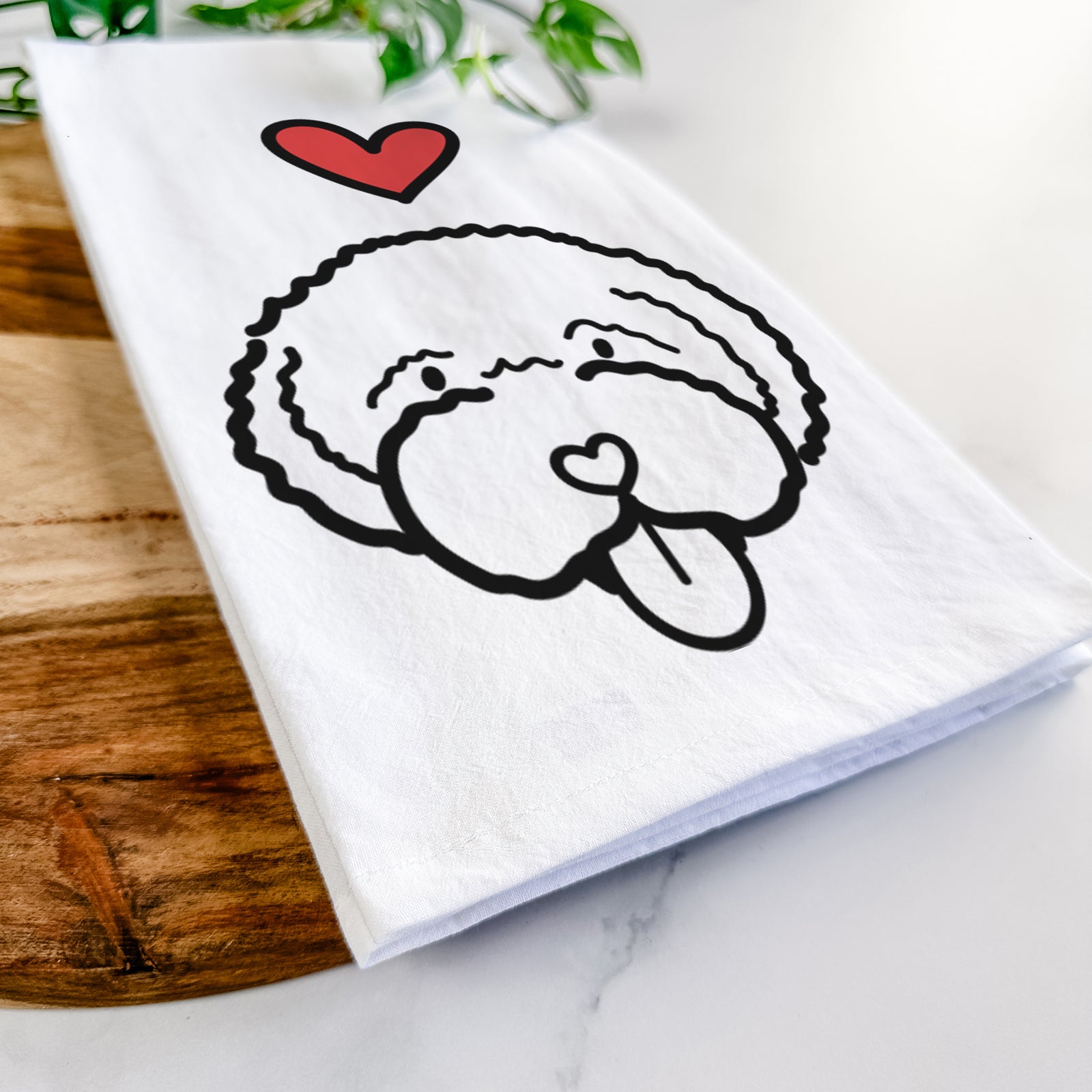 Minimalist line drawing of a Lagotta Romagnolo with a red heart on a tea towel