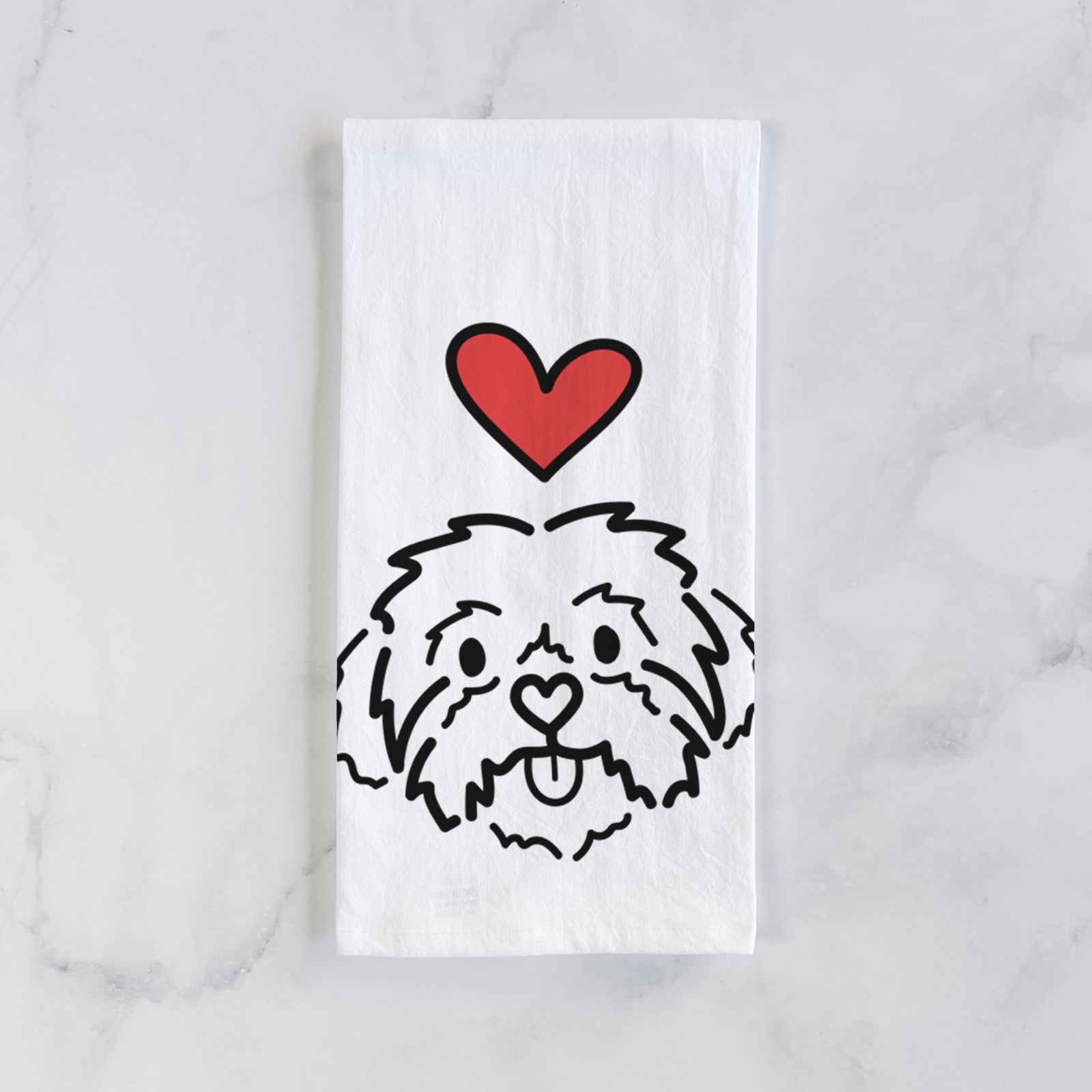 Minimalist line drawing of Leo the Shih Tzu with a red heart on a tea towel