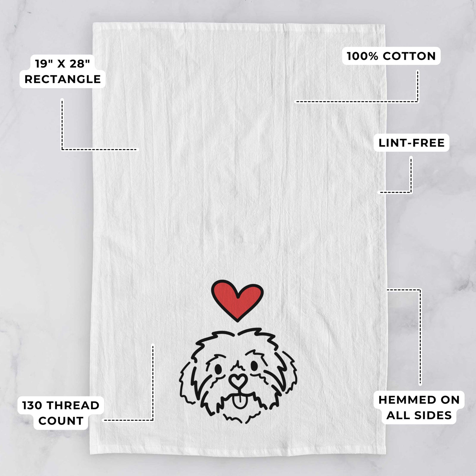 Minimalist line drawing of Leo the Shih Tzu with a red heart on a tea towel, with feature callouts: 19 x 28 inch rectangle, 100% cotton, lint-free, 120 thread count, hemmed on all sides