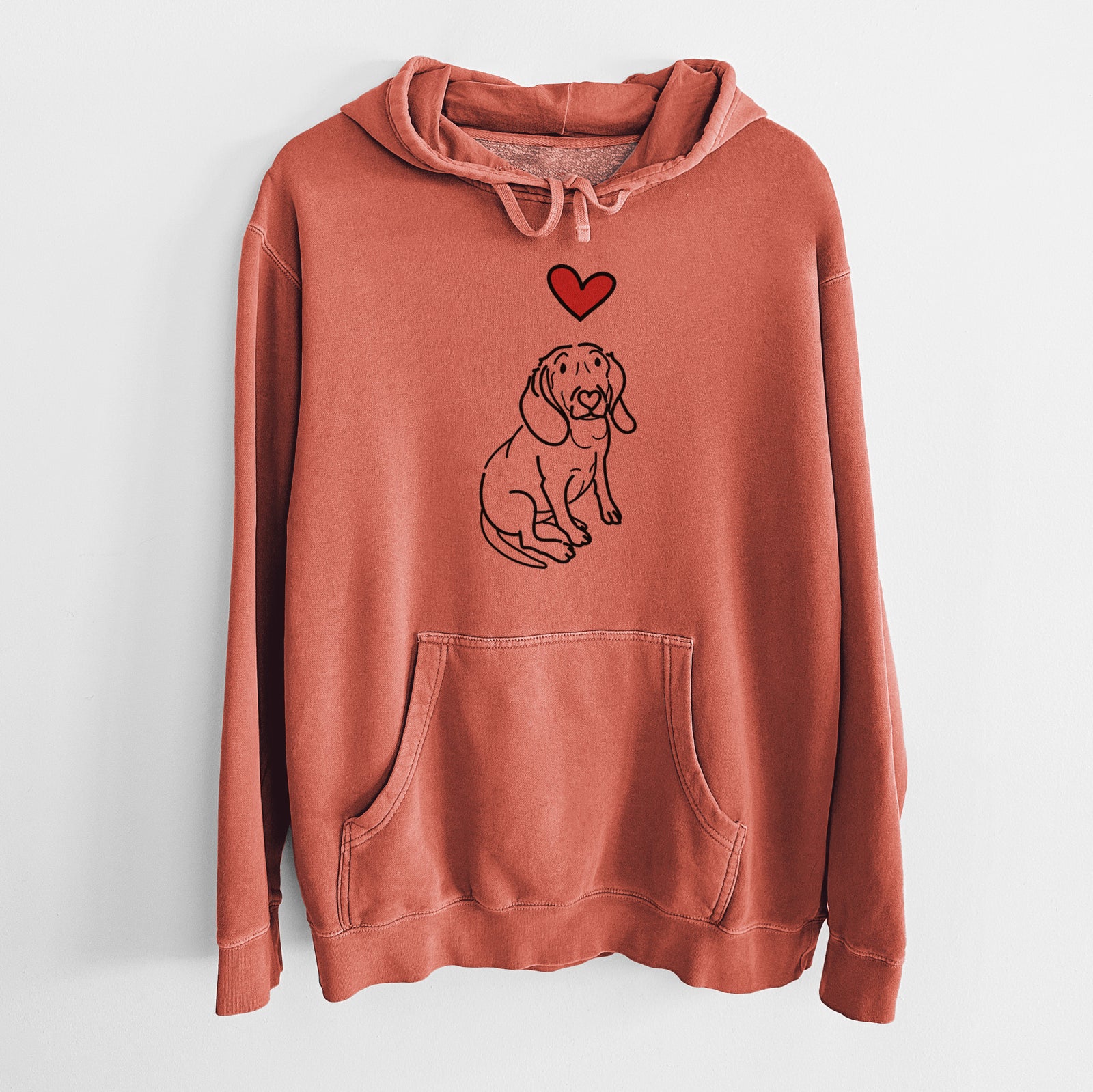 Minimalist line drawing of Lilly the Beagle with a red heart on an Amber Unisex pigment dyed hoodie