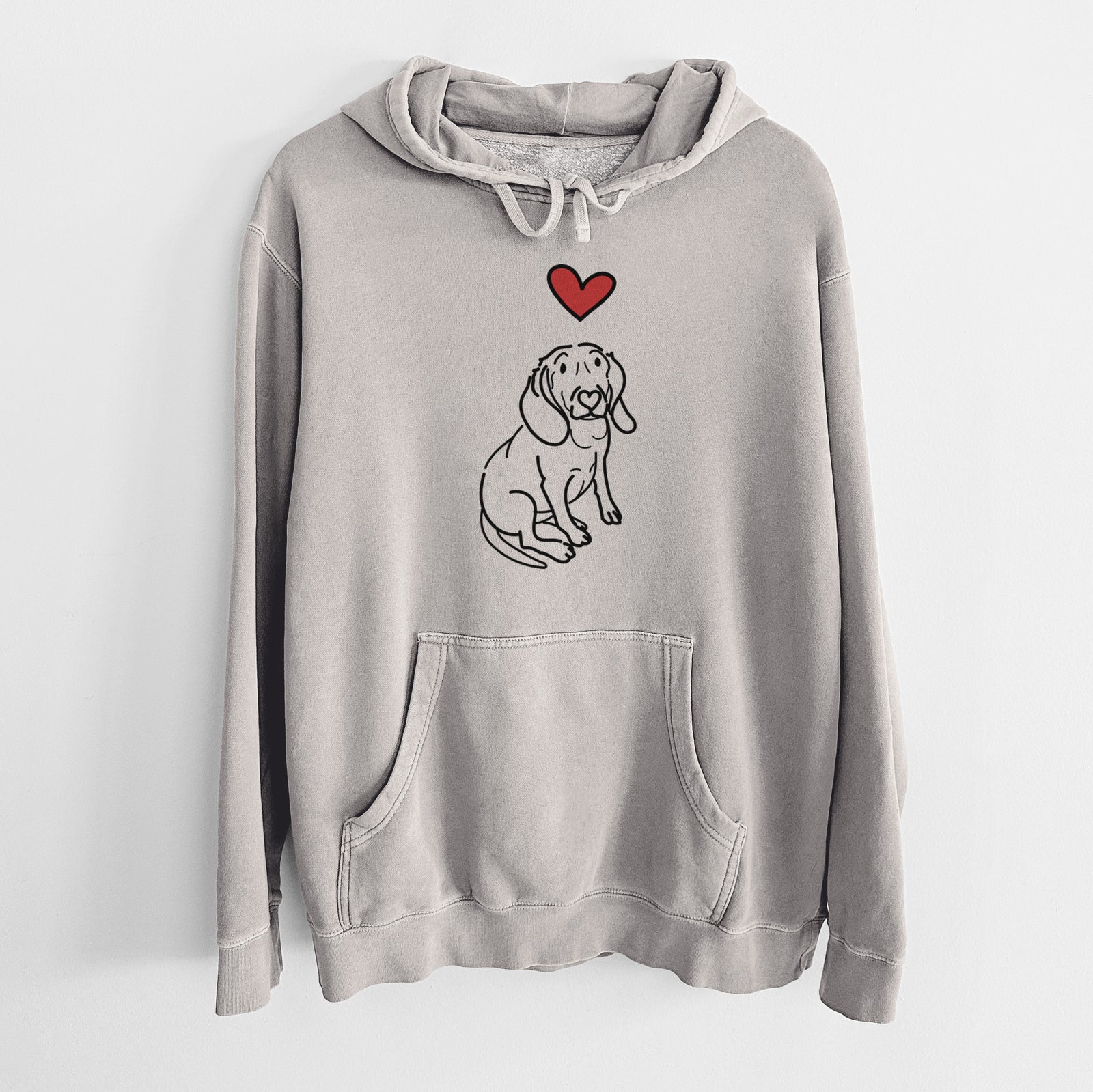 Minimalist line drawing of Lilly the Beagle with a red heart on a Cement Unisex pigment dyed hoodie