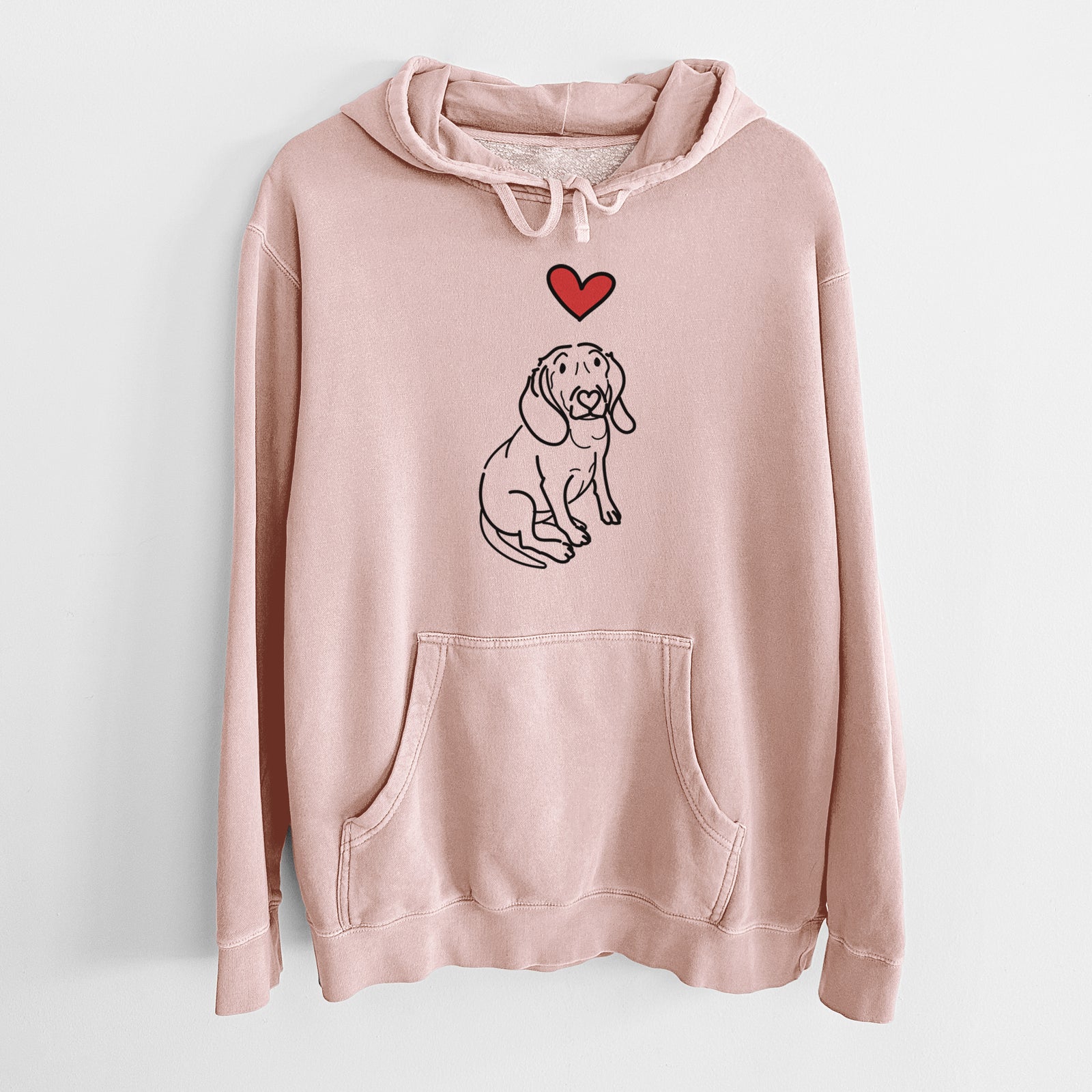 Minimalist line drawing of Lilly the Beagle with a red heart on a Dusty Pink Unisex pigment dyed hoodie