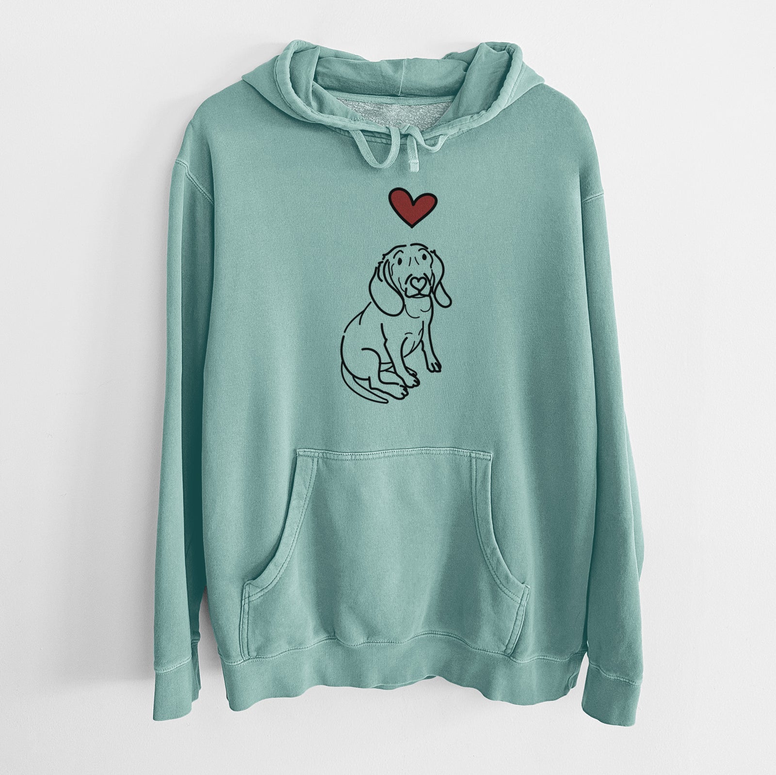 Minimalist line drawing of Lilly the Beagle with a red heart on a Mint Unisex pigment dyed hoodie