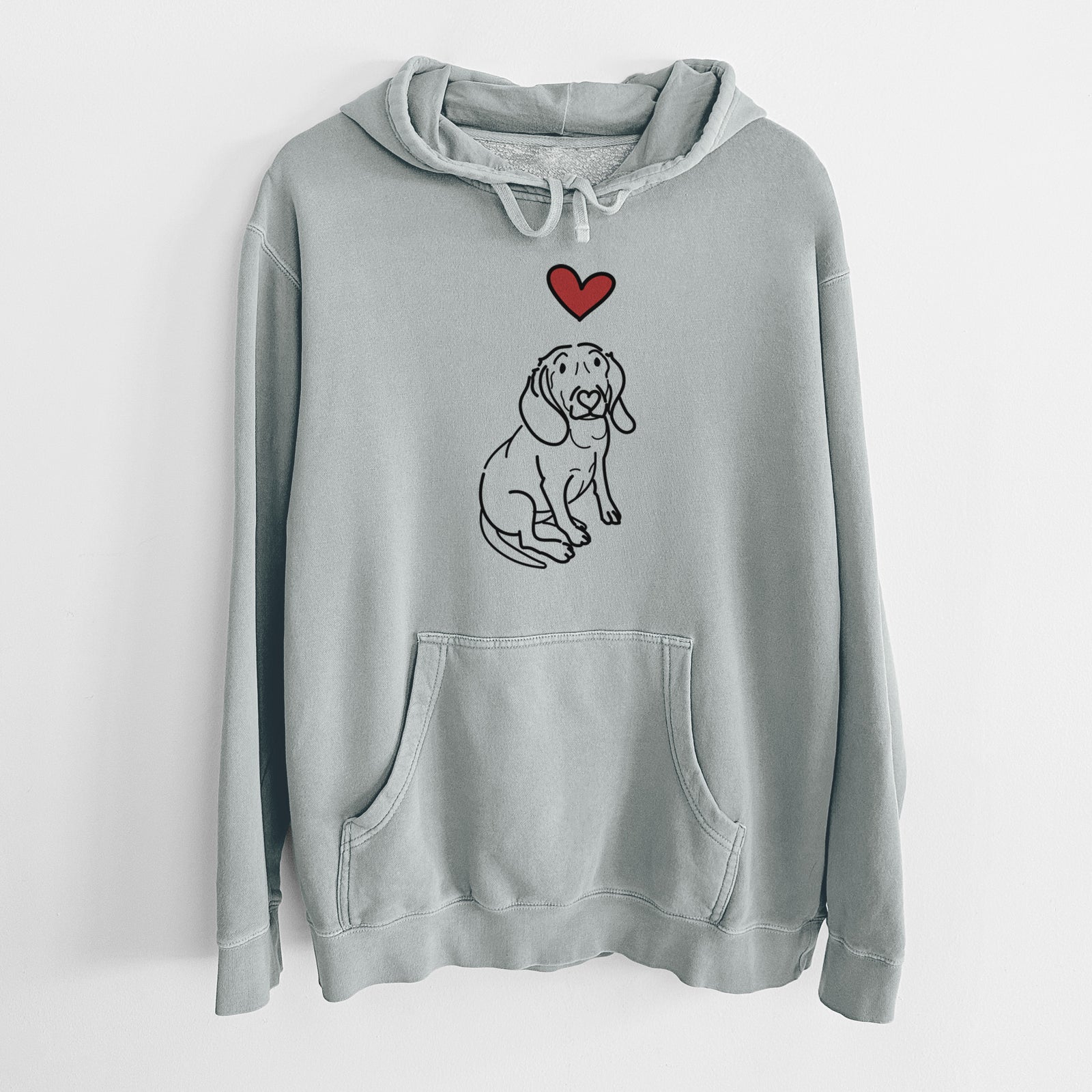 Minimalist line drawing of Lilly the Beagle with a red heart on a Sage Unisex pigment dyed hoodie