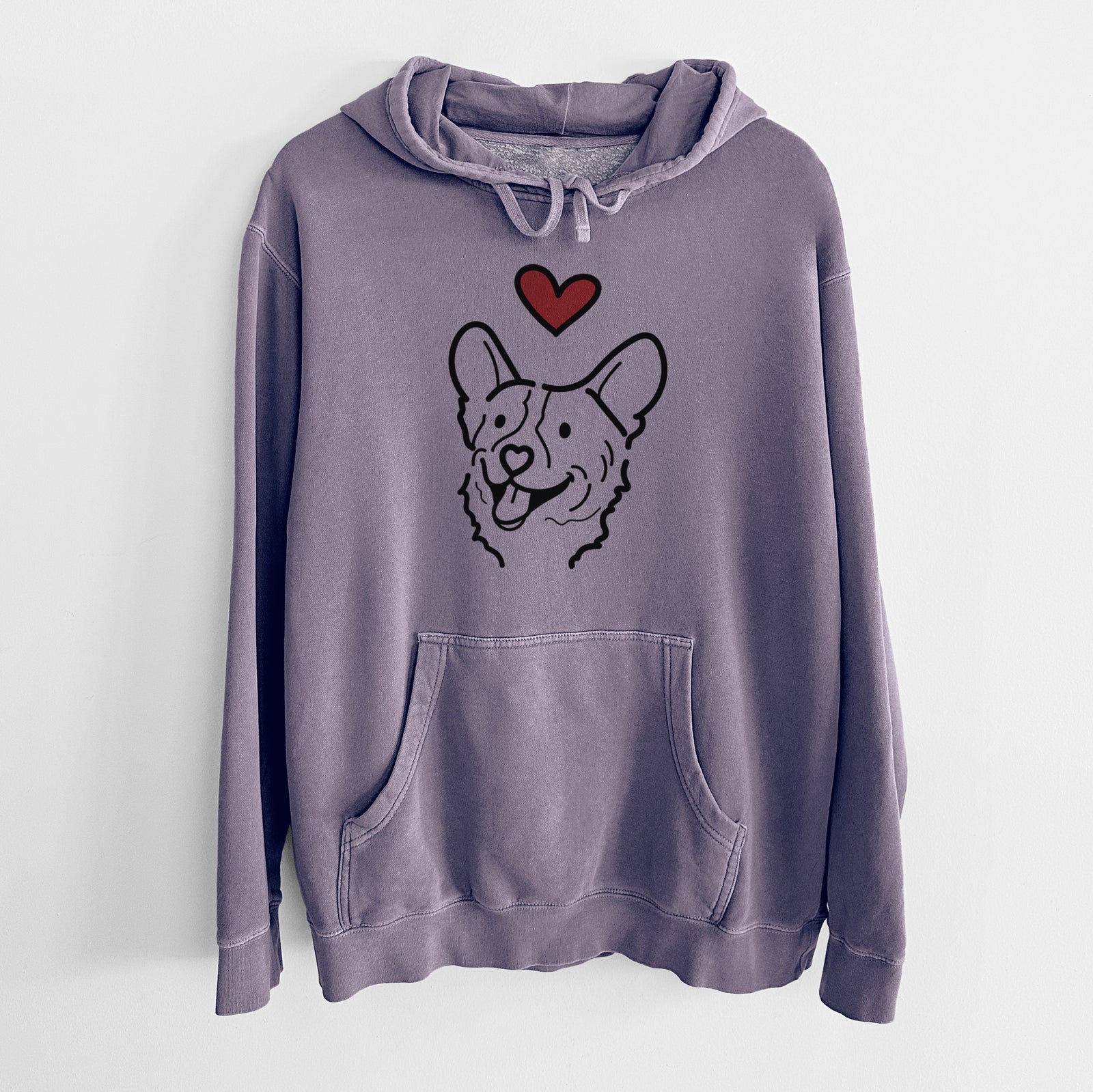Minimalist line drawing of Lily the Corgi with a red heart on a Plum Unisex pigment dyed hoodie