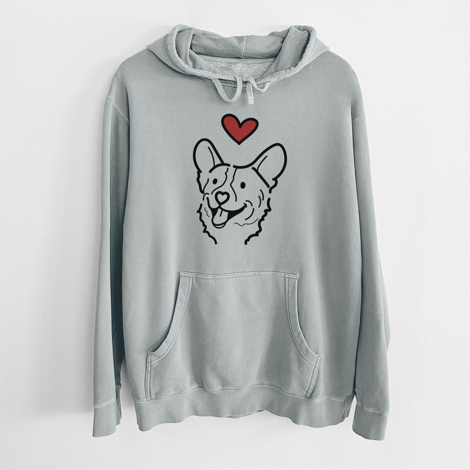 Minimalist line drawing of Lily the Corgi with a red heart on a Sage Unisex pigment dyed hoodie