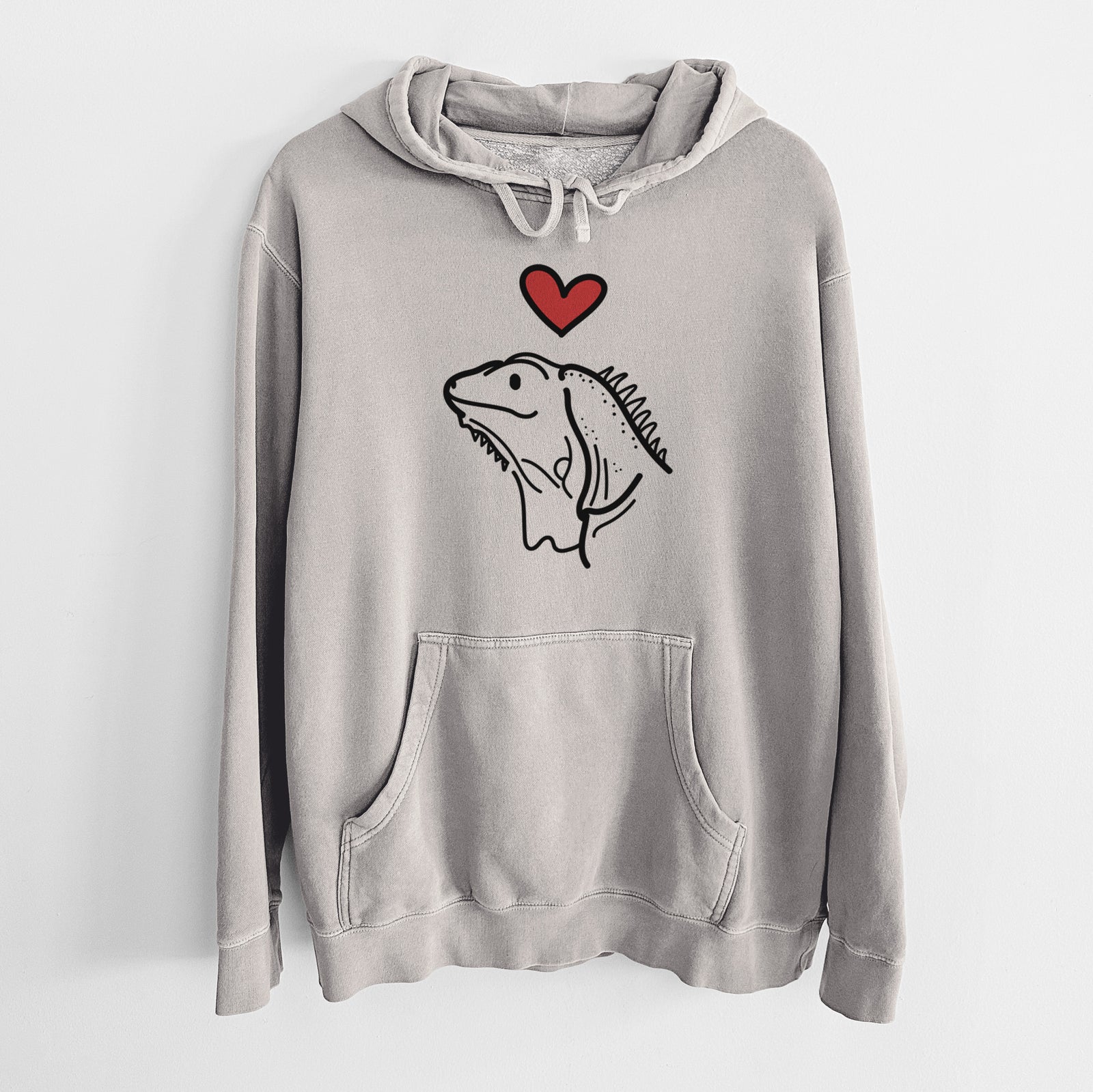 Minimalist line drawing of Louie the Iguana with a red heart on a Cement Unisex pigment dyed hoodie