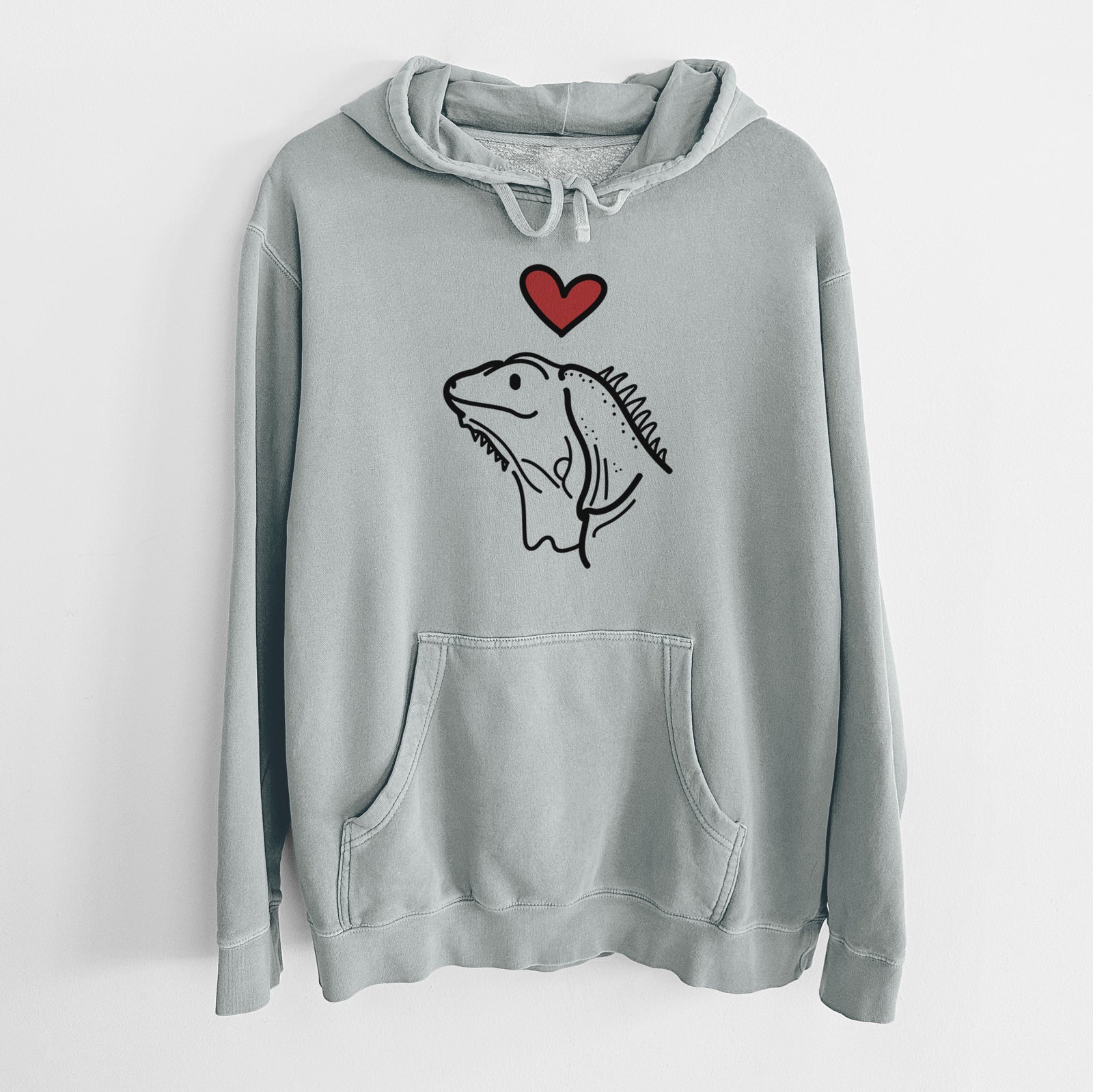 Minimalist line drawing of Louie the Iguana with a red heart on a Sage Unisex pigment dyed hoodie