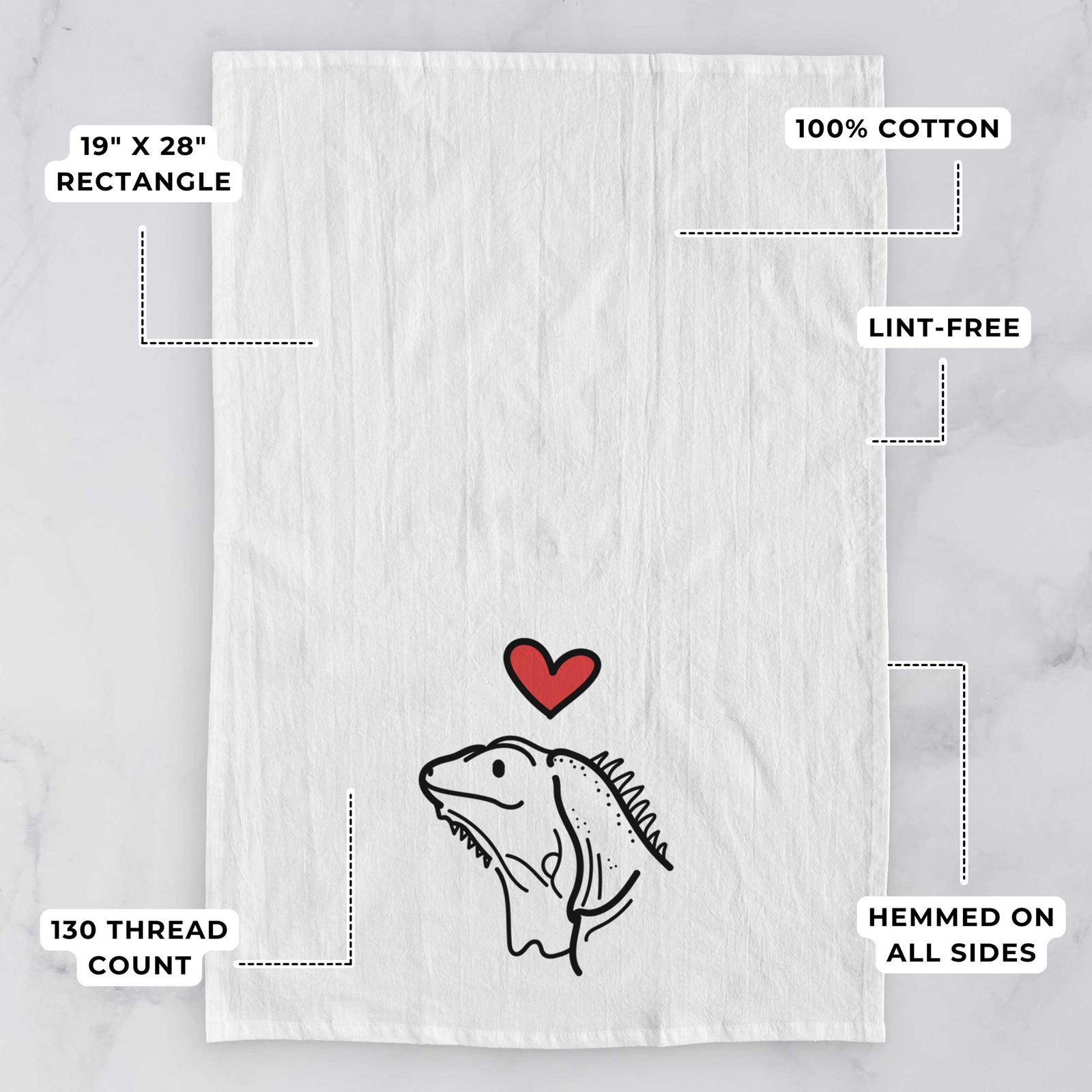 Minimalist line drawing of Louie the Iguana with a red heart on a tea towel, with feature callouts: 19 x 28 inch rectangle, 100% cotton, lint-free, 120 thread count, hemmed on all sides