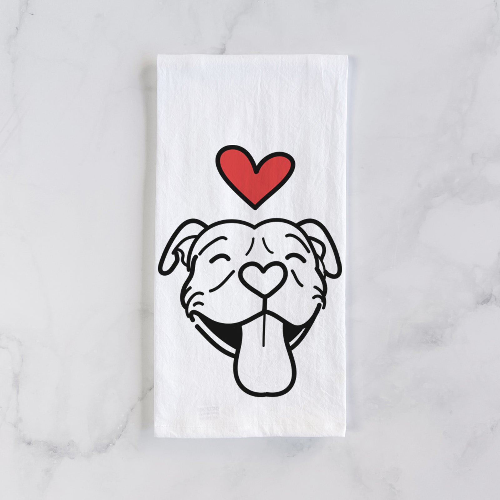 Minimalist line drawing of Louie the Pitbull with a red heart on a tea towel