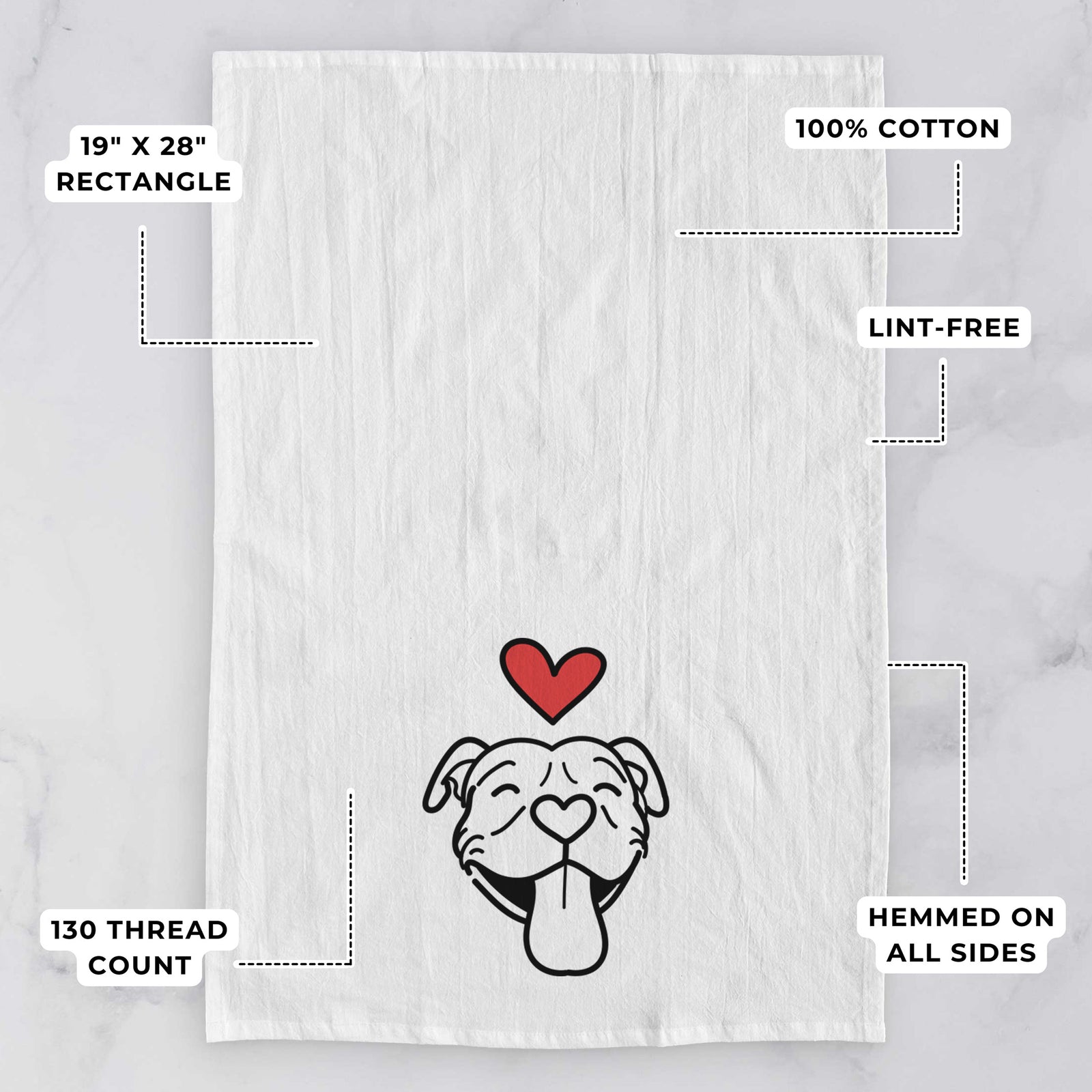 Minimalist line drawing of Louie the Pitbull with a red heart on a tea towel, with feature callouts: 19 x 28 inch rectangle, 100% cotton, lint-free, 120 thread count, hemmed on all sides