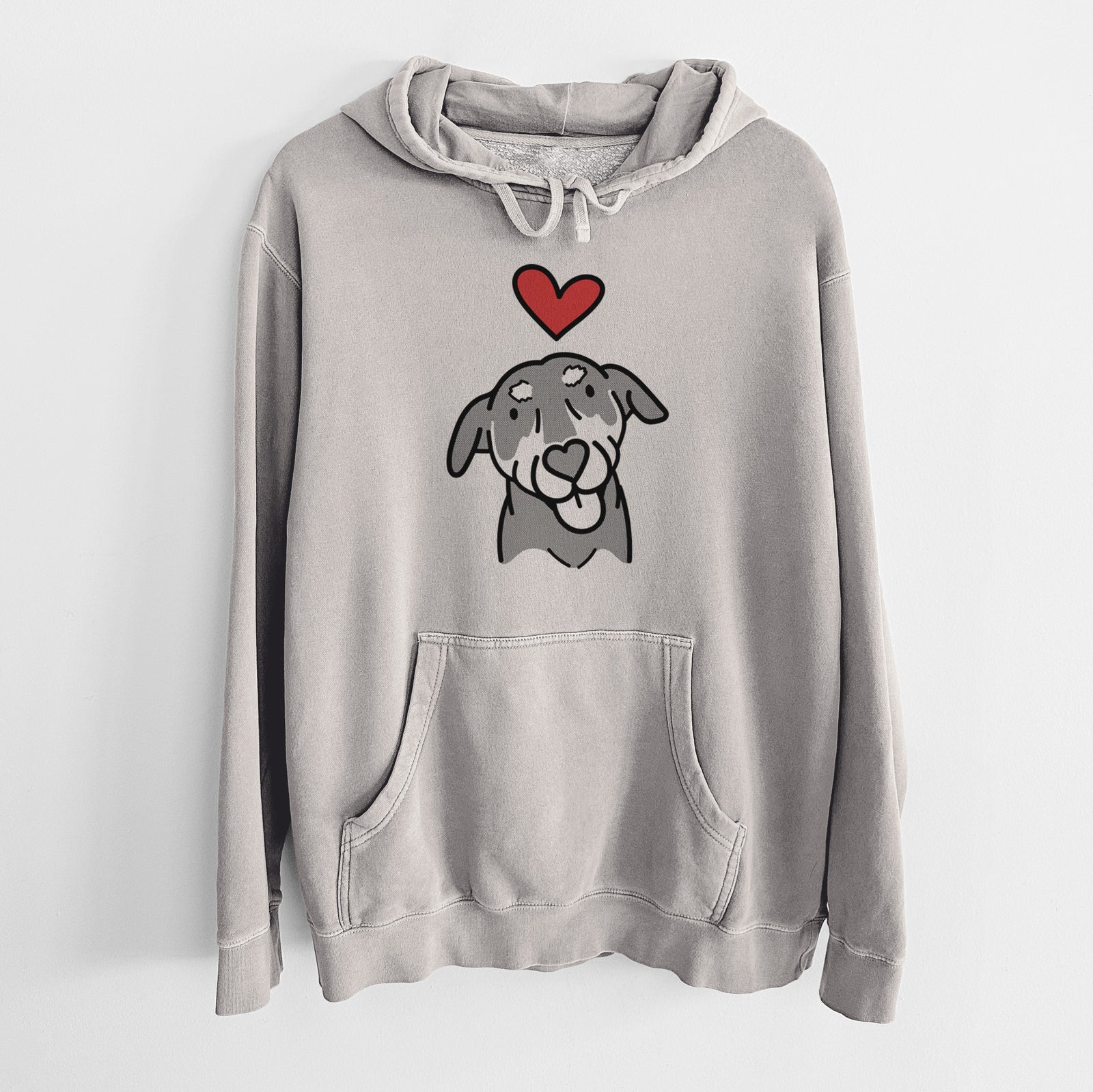 Minimalist line drawing of Lousia the Mixed Breed with a red heart on a Cement Unisex pigment dyed hoodie