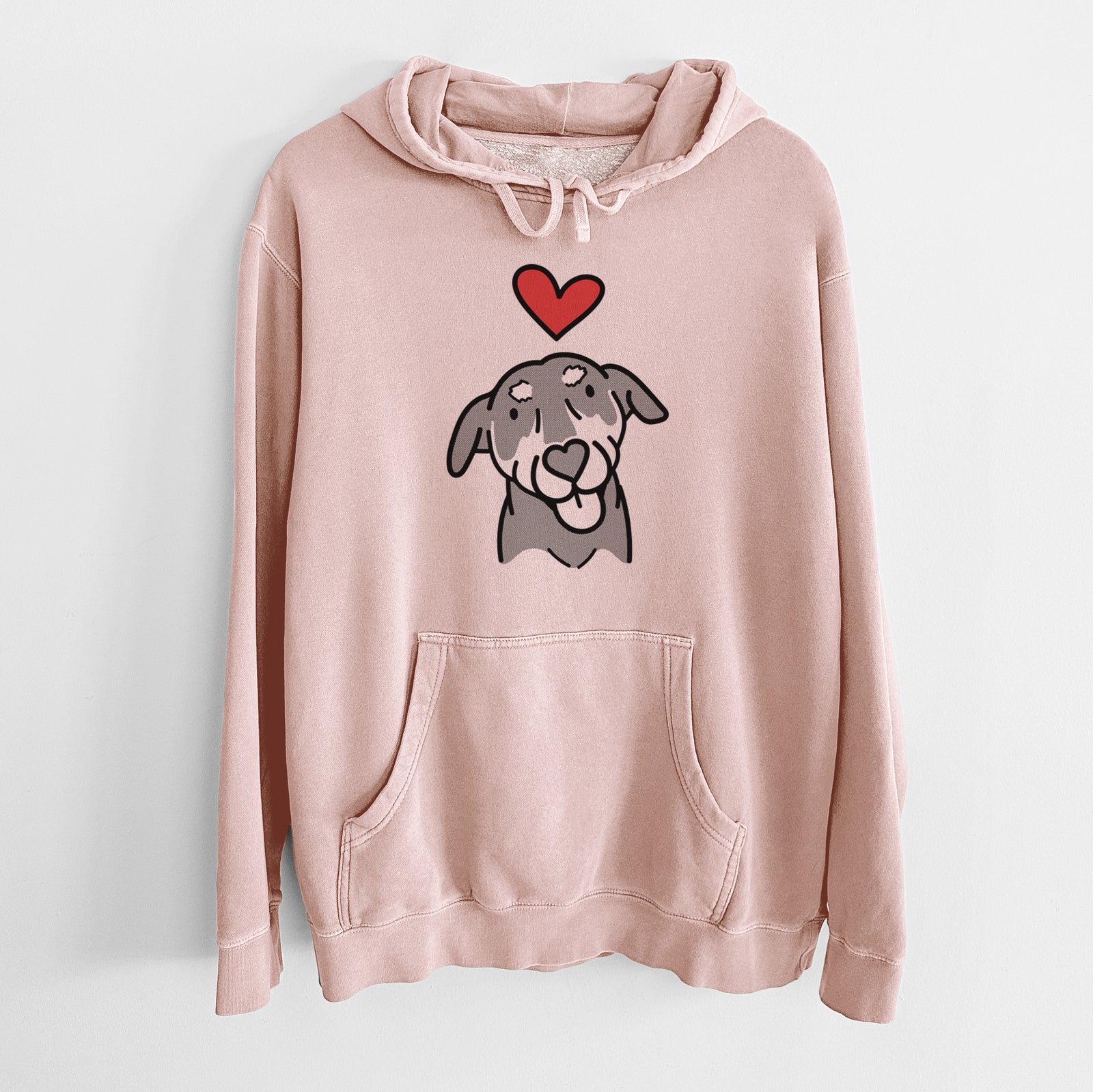Minimalist line drawing of Lousia the Mixed Breed with a red heart on a Dusty Pink Unisex pigment dyed hoodie