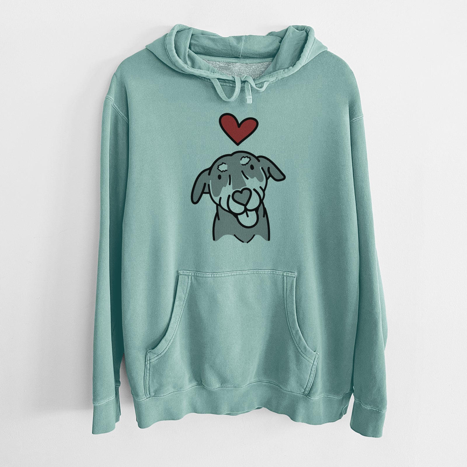 Minimalist line drawing of Lousia the Mixed Breed with a red heart on a Mint Unisex pigment dyed hoodie
