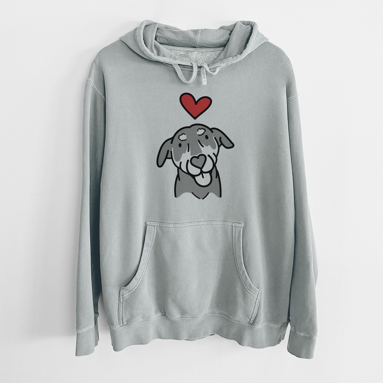 Minimalist line drawing of Lousia the Mixed Breed with a red heart on a Sage Unisex pigment dyed hoodie