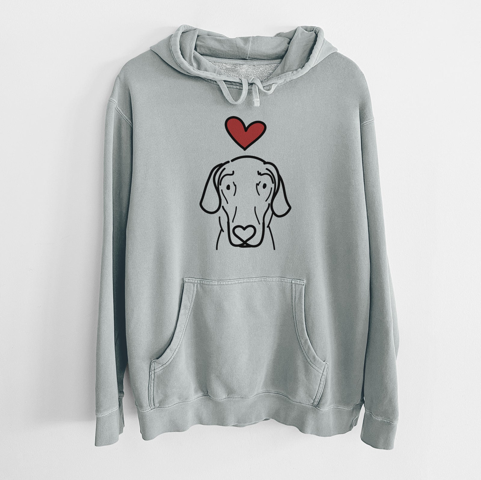 Minimalist line drawing of Lucy the Great Dane with a red heart on a Sage Unisex pigment dyed hoodie