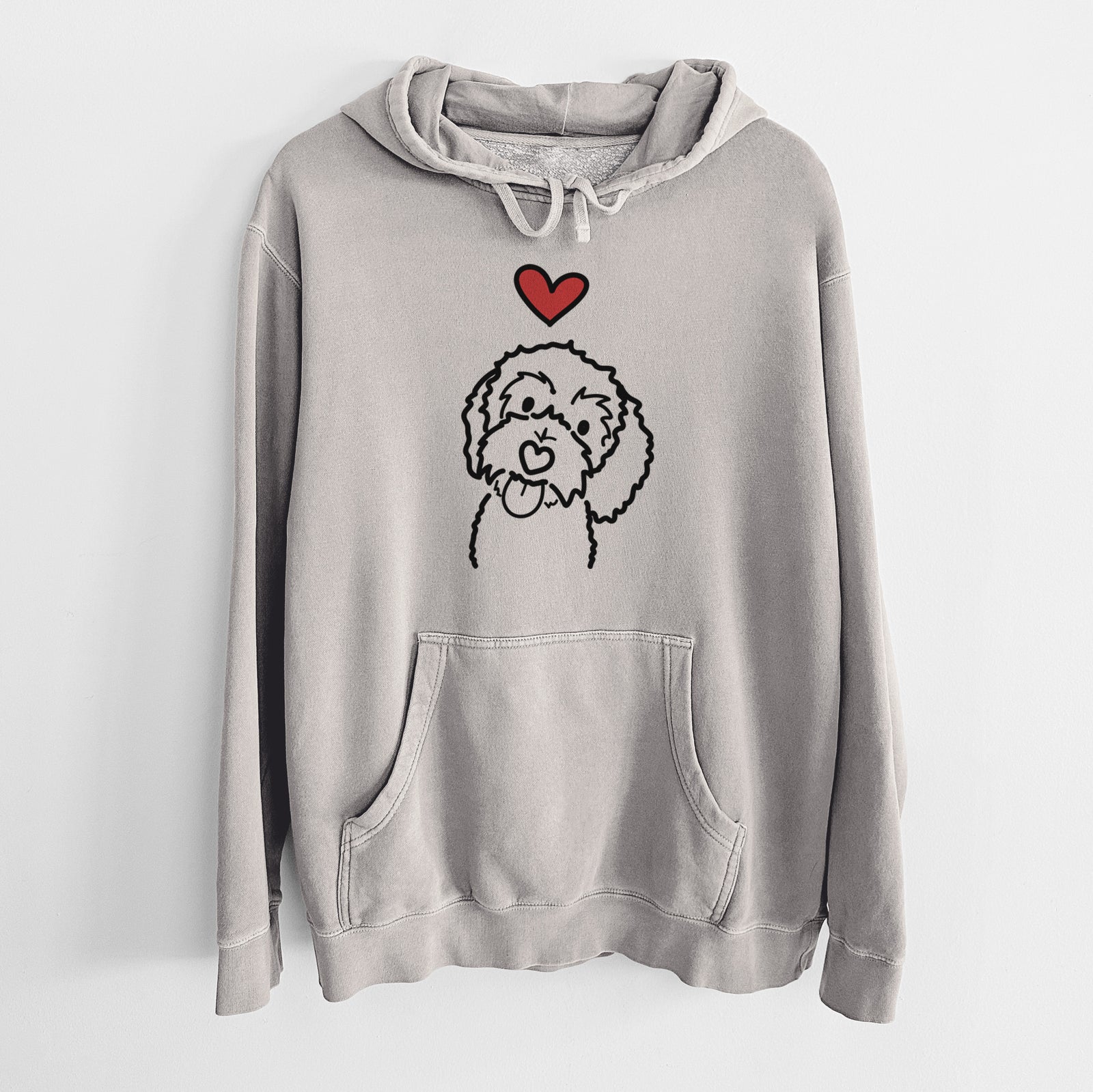 Minimalist line drawing of Mabel the Bernedoodle with a red heart on a Cement Unisex pigment dyed hoodie