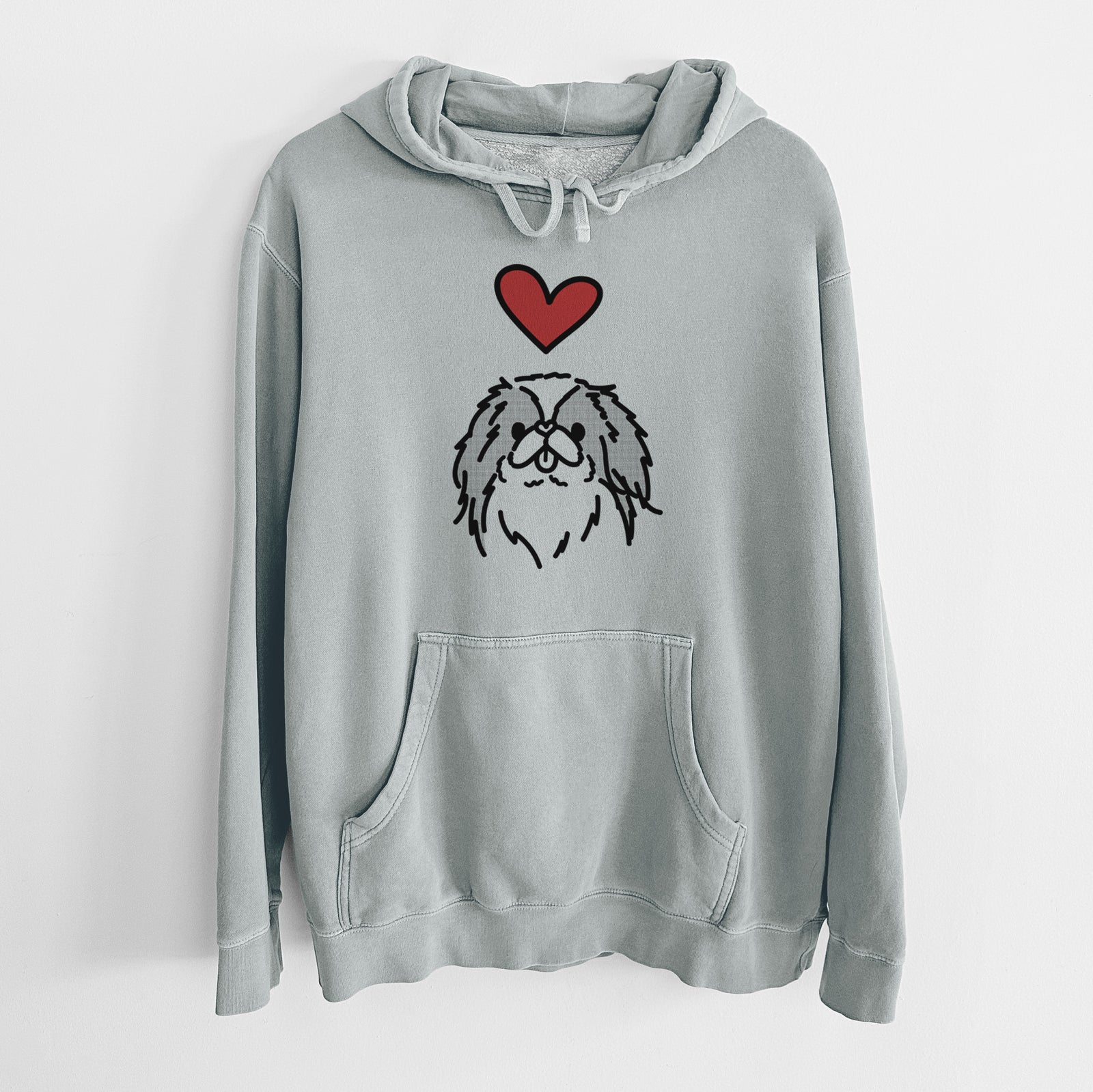 Minimalist line drawing of Macha the Japanese Chin with a red heart on a Sage Unisex pigment dyed hoodie