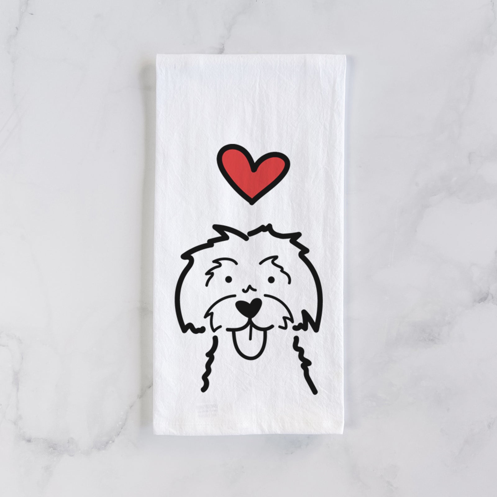 Minimalist line drawing of a Maltese with a red heart on a tea towel