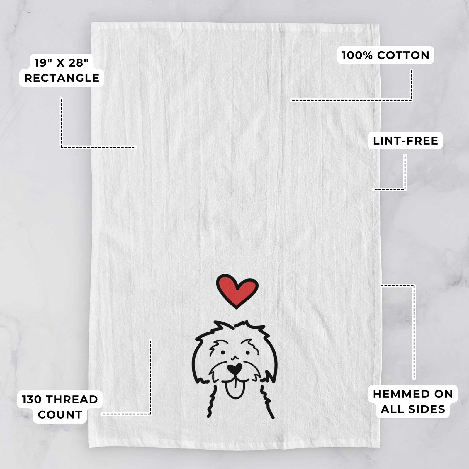 Minimalist line drawing of a Maltese with a red heart on a tea towel, with feature callouts: 19 x 28 inch rectangle, 100% cotton, lint-free, 120 thread count, hemmed on all sides