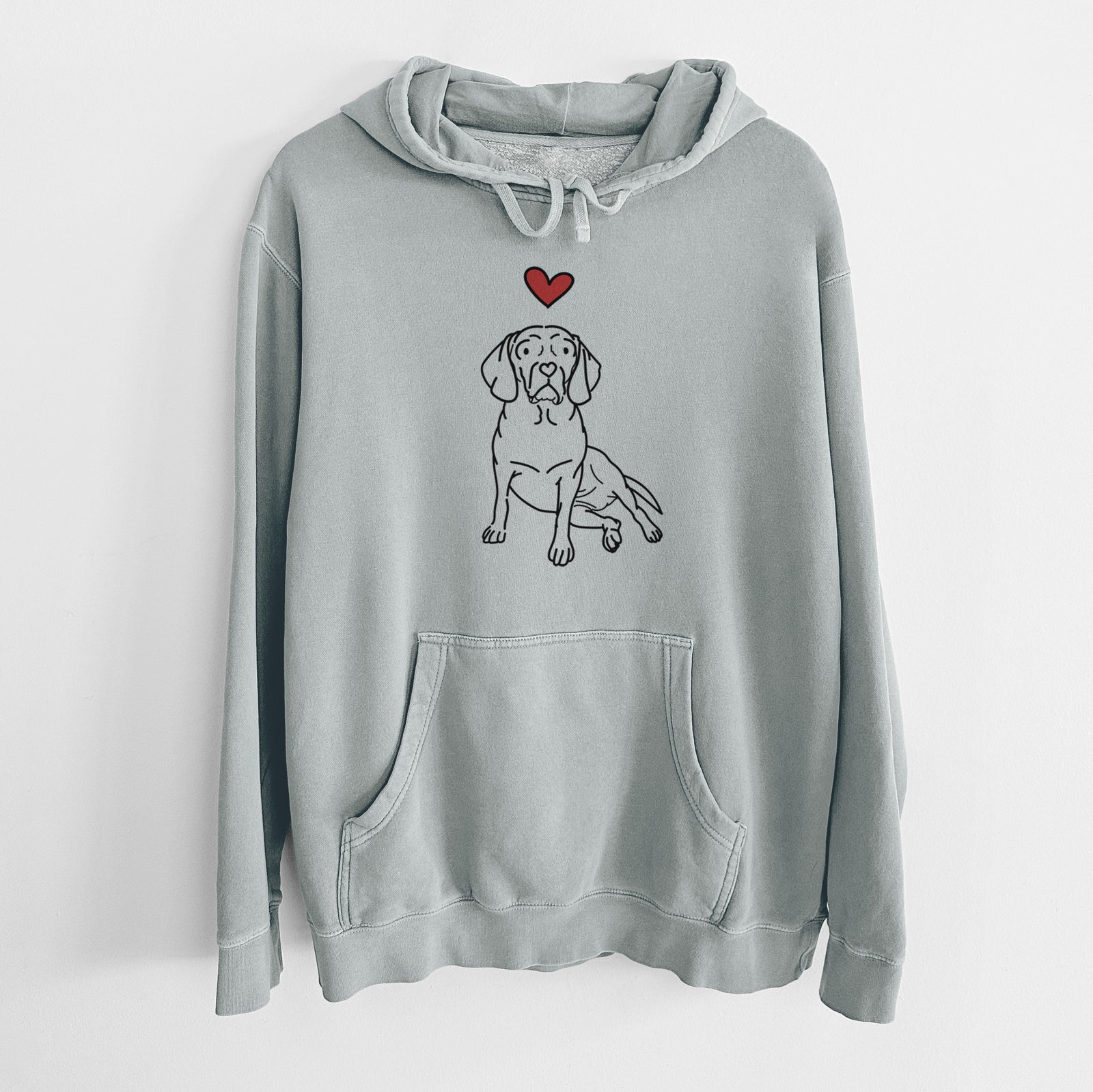 Minimalist line drawing of Mayble the Puggle with a red heart on a Sage Unisex pigment dyed hoodie