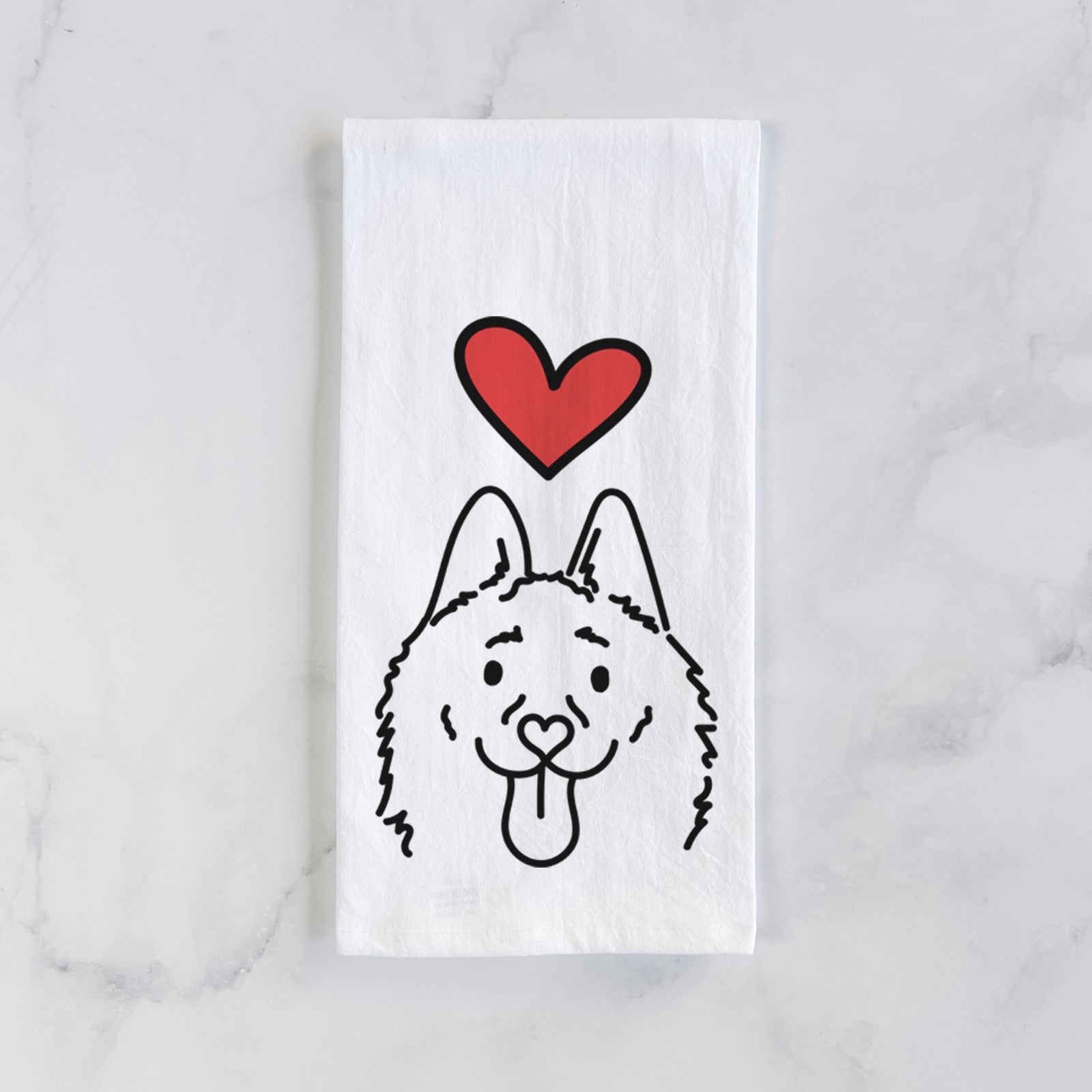 Minimalist line drawing of Meeko the Schipperke with a red heart on a tea towel