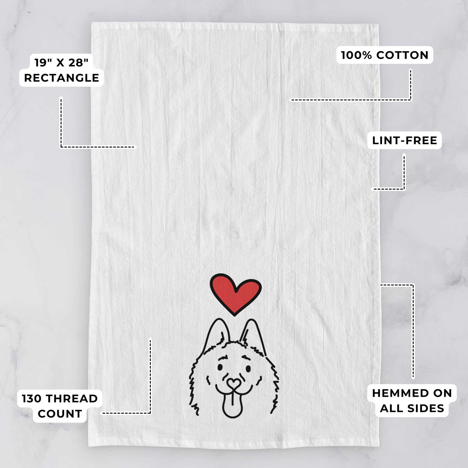 Minimalist line drawing of Meeko the Schipperke with a red heart on a tea towel, with feature callouts: 19 x 28 inch rectangle, 100% cotton, lint-free, 120 thread count, hemmed on all sides