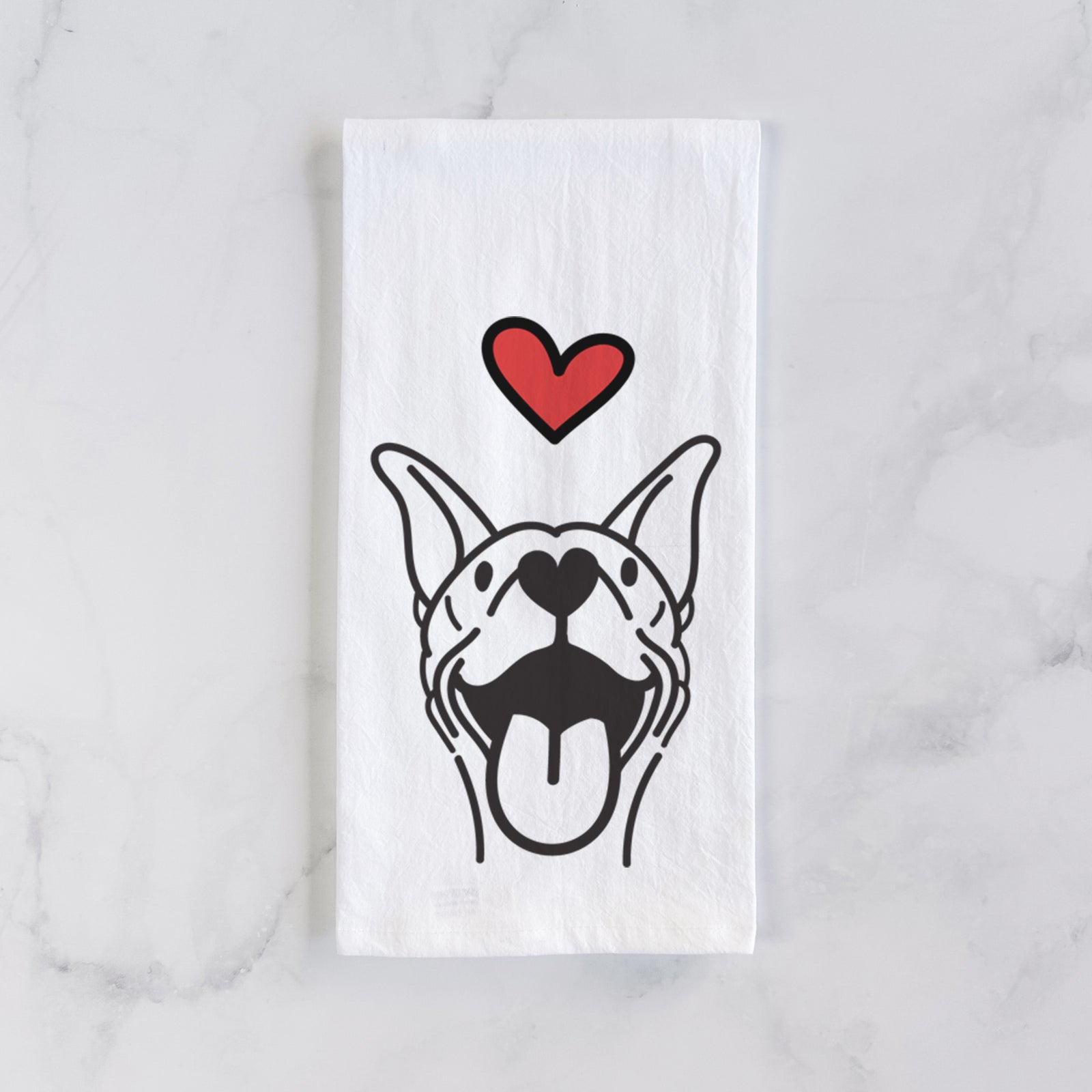 Minimalist line drawing of Merlin the Basenji with a red heart on a tea towel