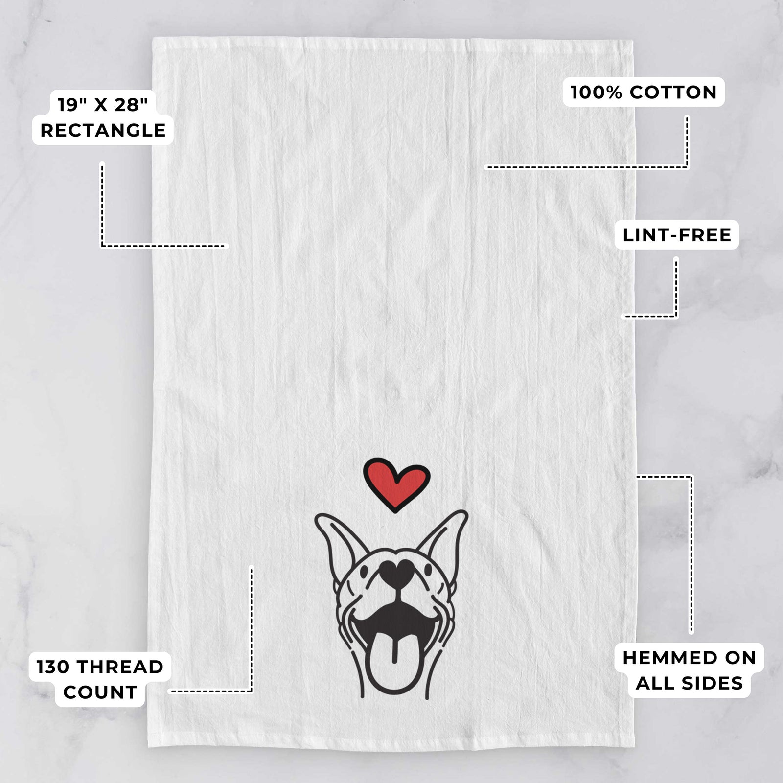 Minimalist line drawing of Merlin the Basenji with a red heart on a tea towel, with feature callouts: 19 x 28 inch rectangle, 100% cotton, lint-free, 120 thread count, hemmed on all sides