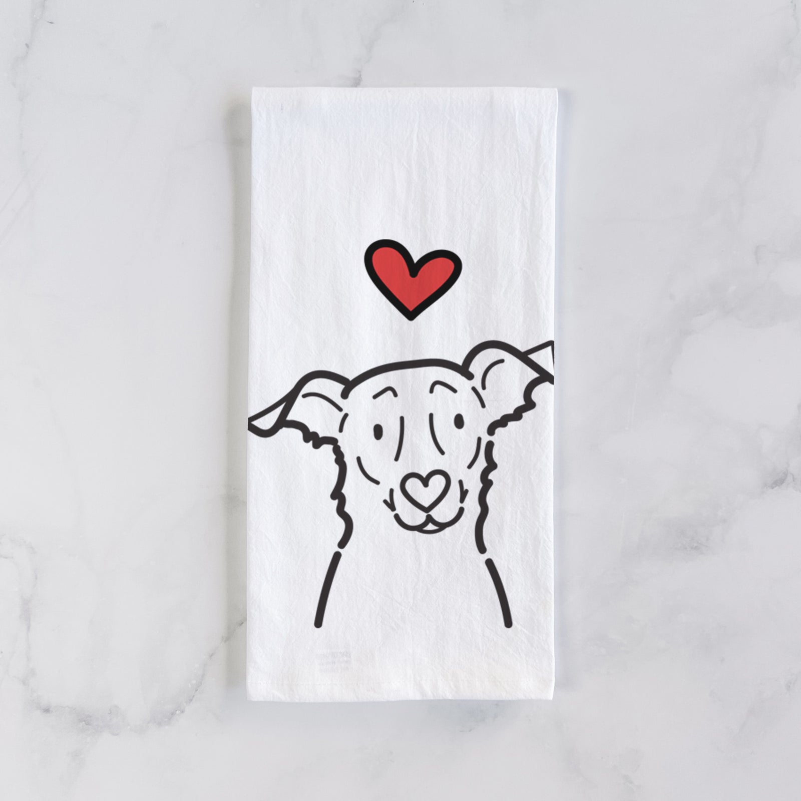 Minimalist line drawing of Millie the Border Collie Mix with a red heart on a tea towel