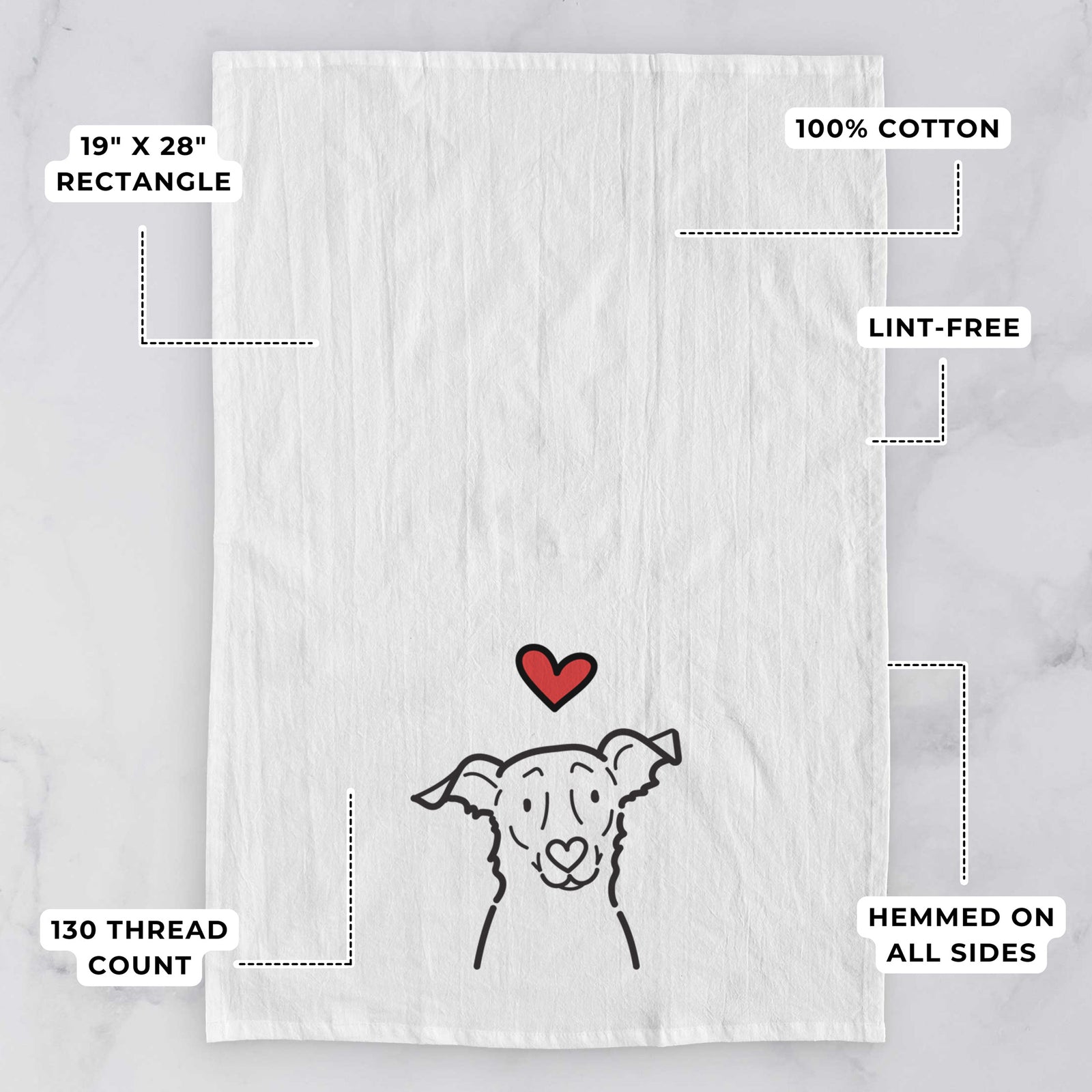 Minimalist line drawing of Millie the Border Collie Mix with a red heart on a tea towel, with feature callouts: 19 x 28 inch rectangle, 100% cotton, lint-free, 120 thread count, hemmed on all sides