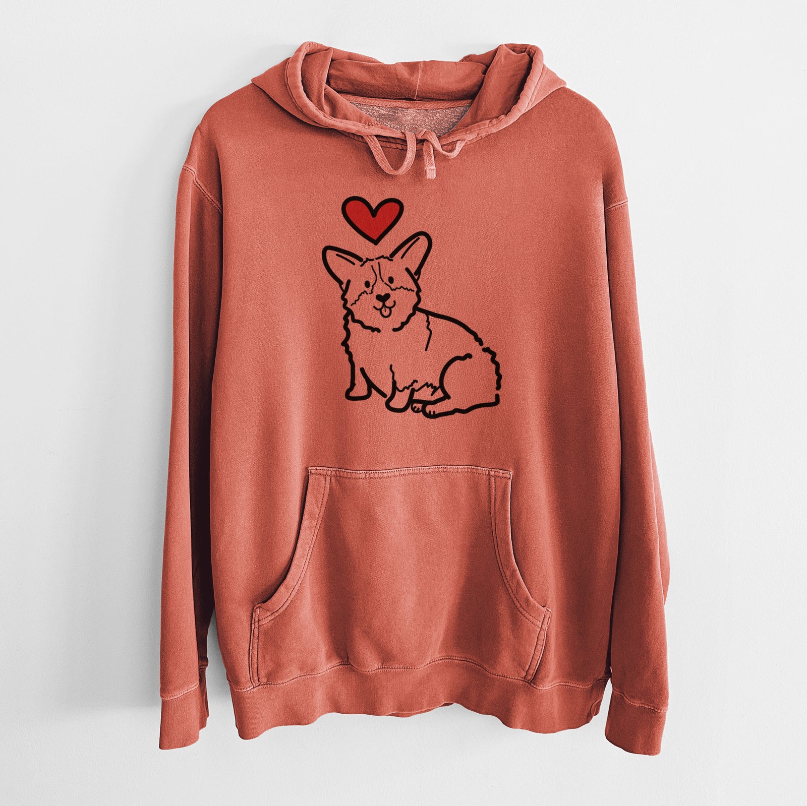 Minimalist line drawing of Millie the Pembroke Welsh Corgi with a red heart on an Amber Unisex pigment dyed hoodie