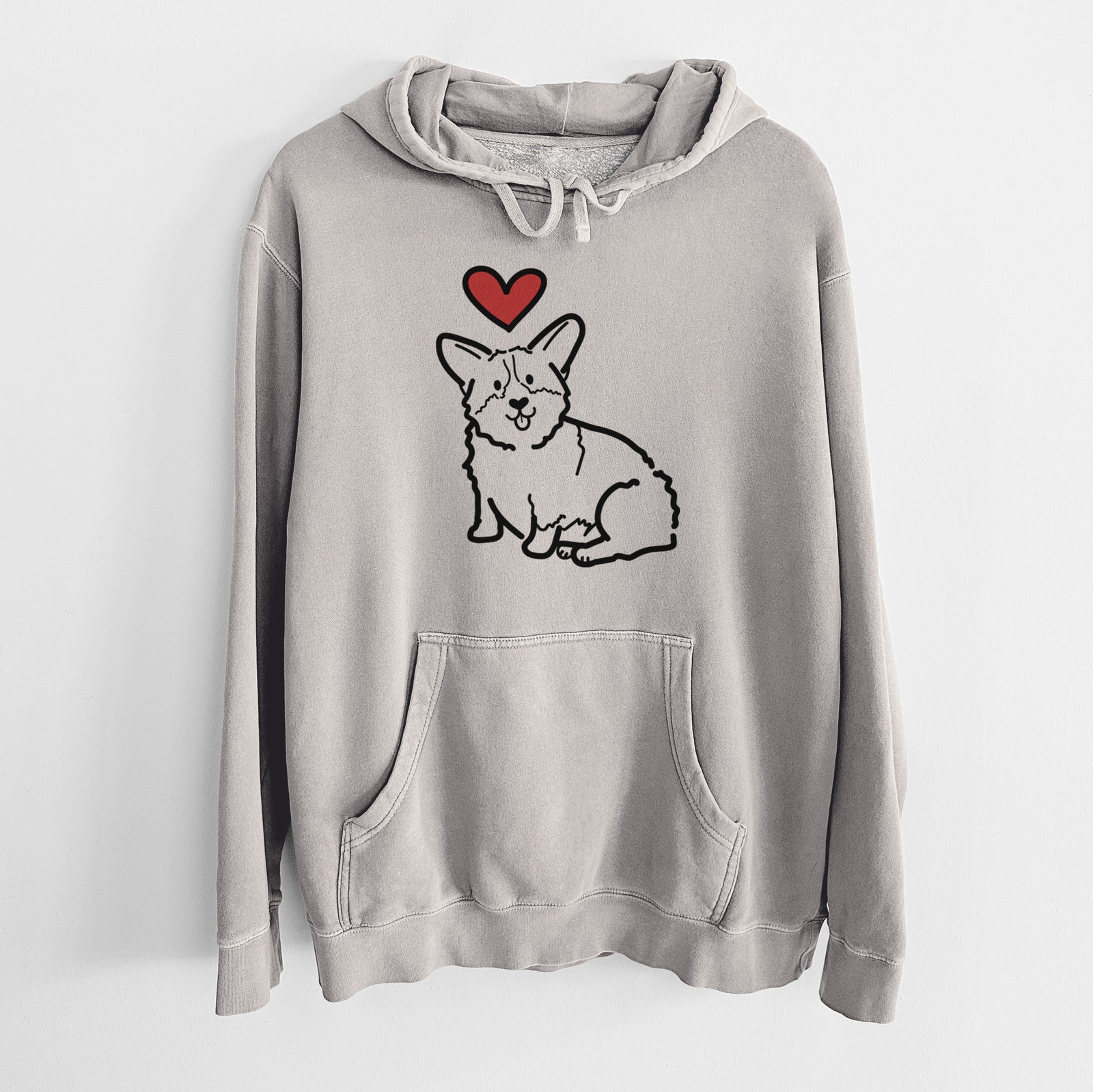 Minimalist line drawing of Millie the Pembroke Welsh Corgi with a red heart on a Cement Unisex pigment dyed hoodie