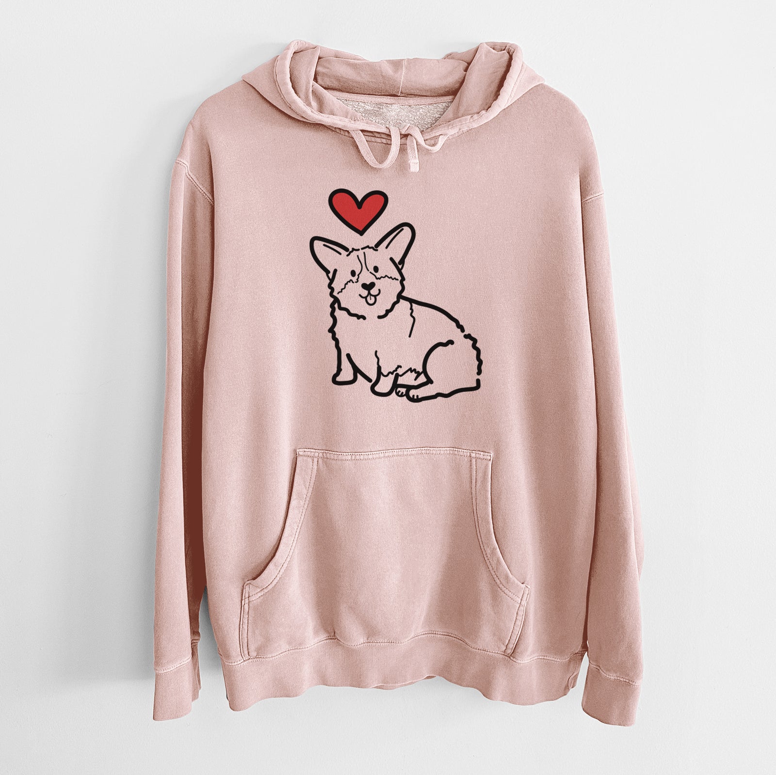 Minimalist line drawing of Millie the Pembroke Welsh Corgi with a red heart on a Dusty Pink Unisex pigment dyed hoodie