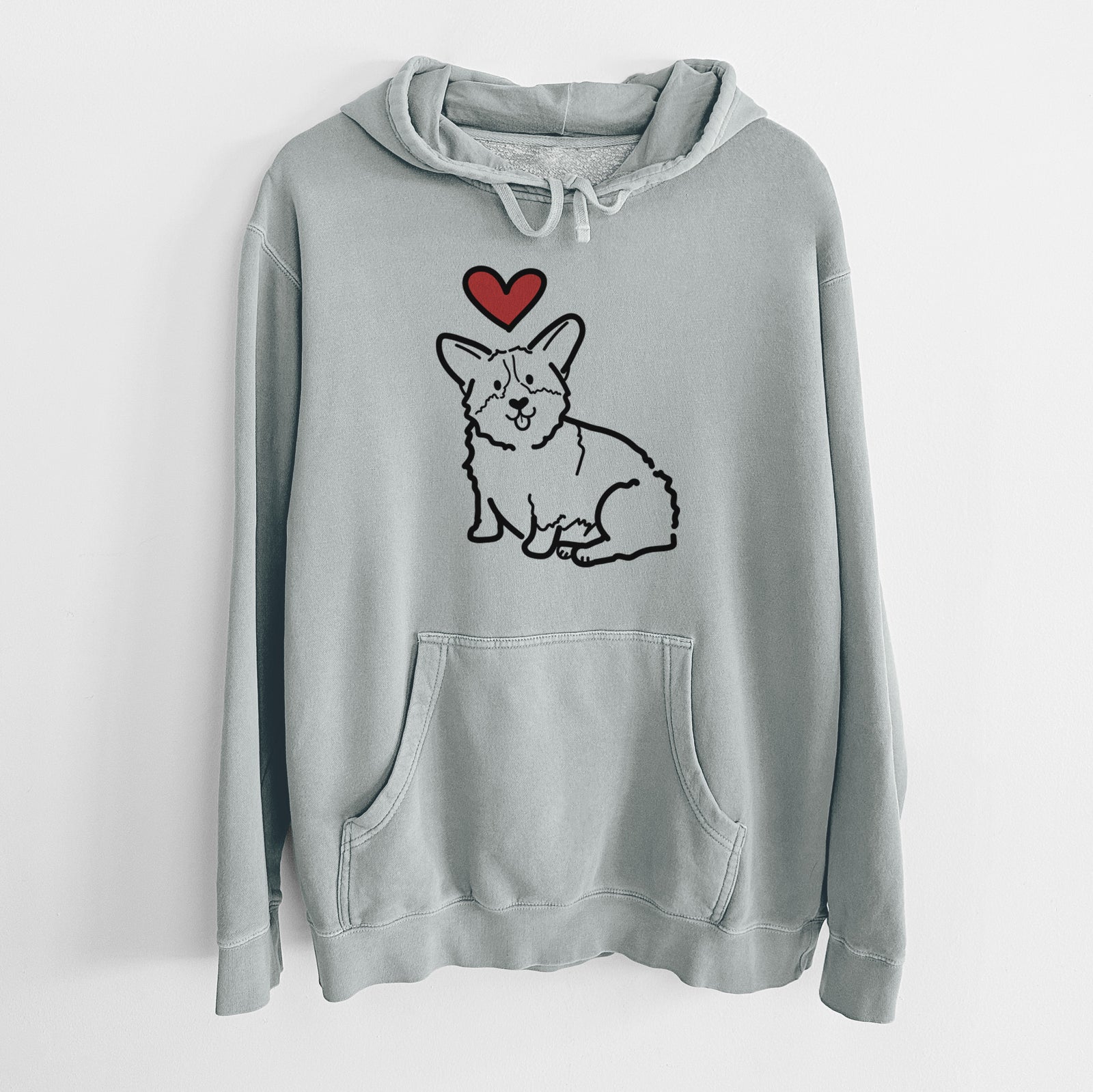 Minimalist line drawing of Millie the Pembroke Welsh Corgi with a red heart on a Sage Unisex pigment dyed hoodie