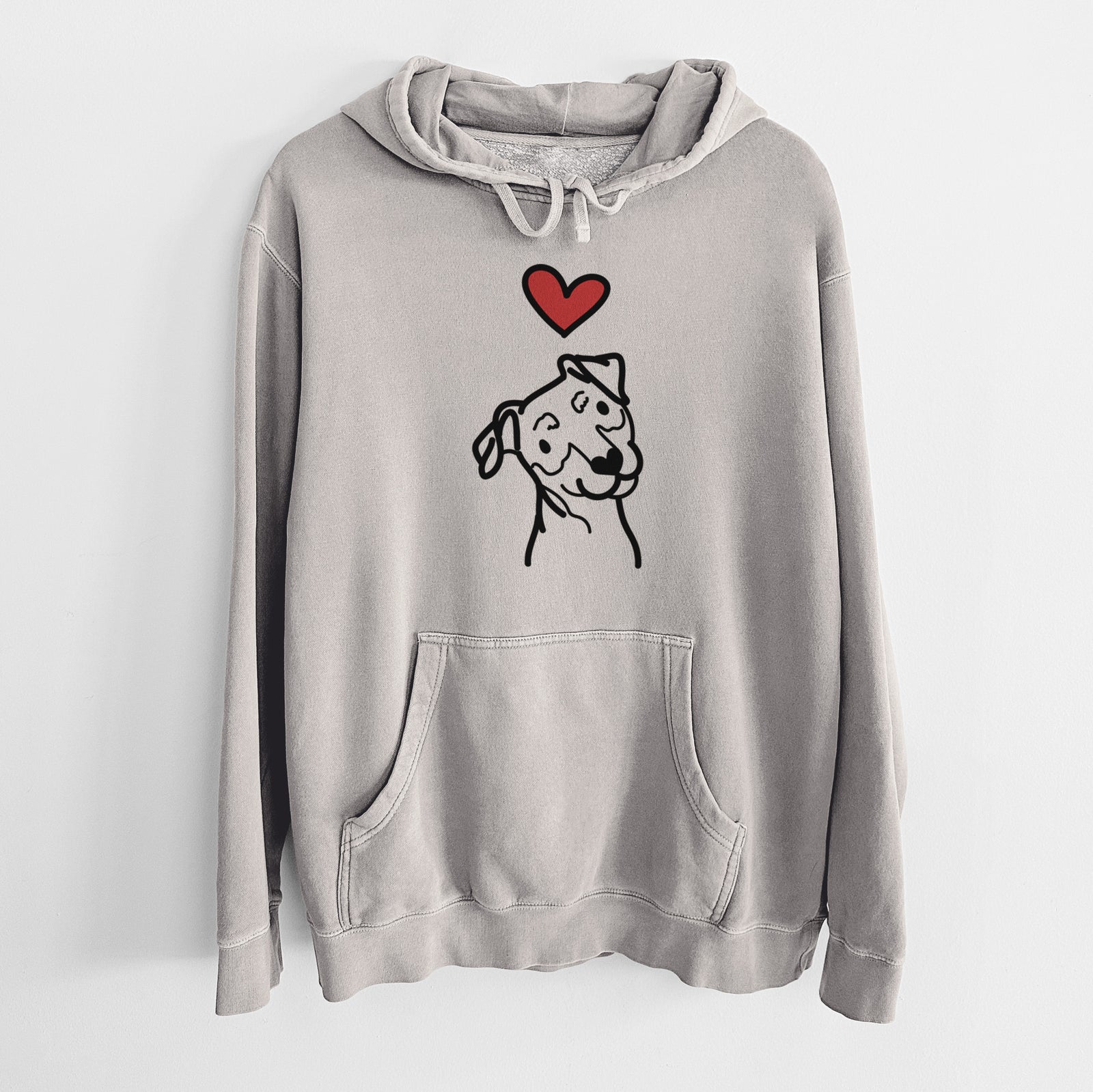 Minimalist line drawing of a Mini Pinscher with a red heart on a Cement Unisex pigment dyed hoodie