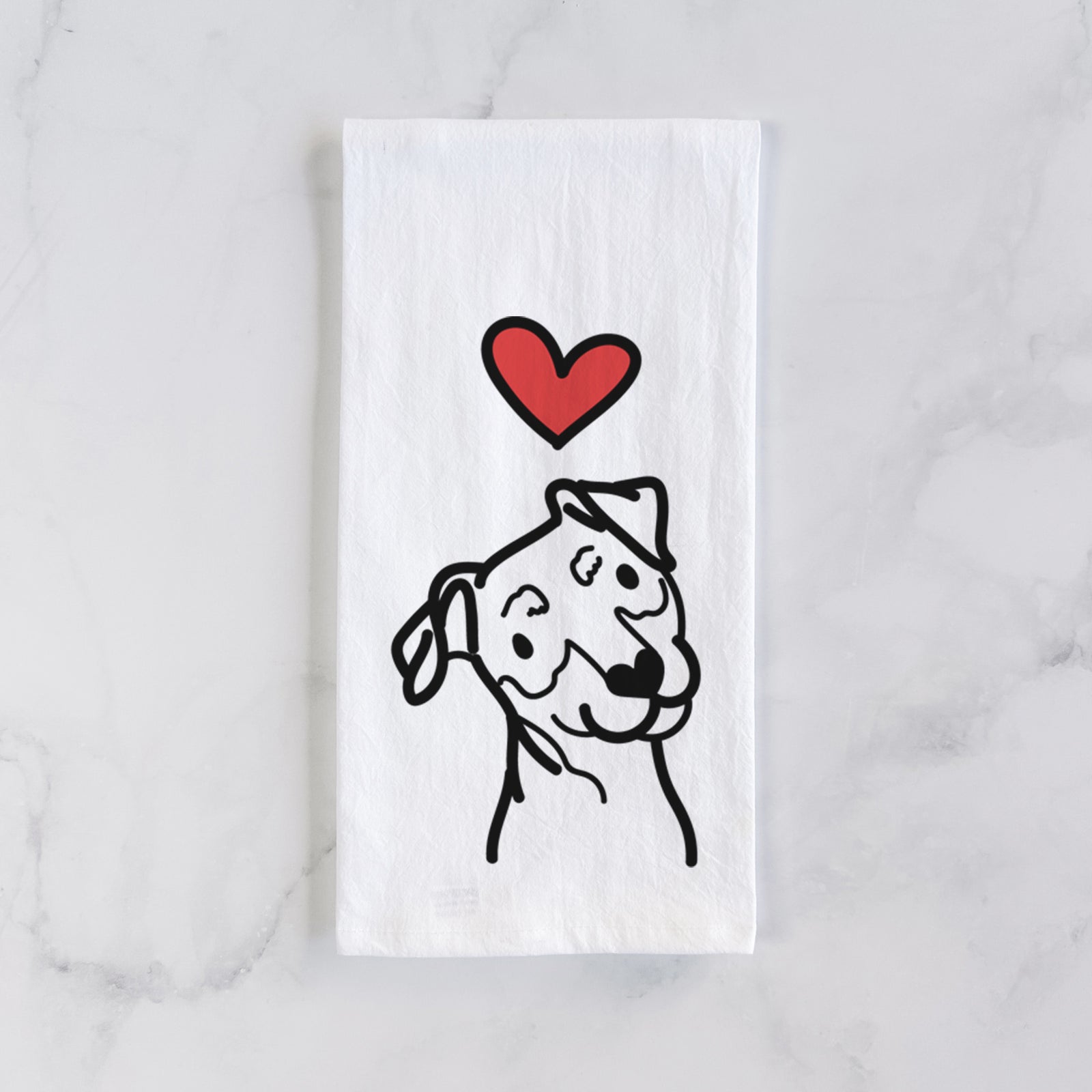 Minimalist line drawing of a Mini Pinscher with a red heart on a tea towel