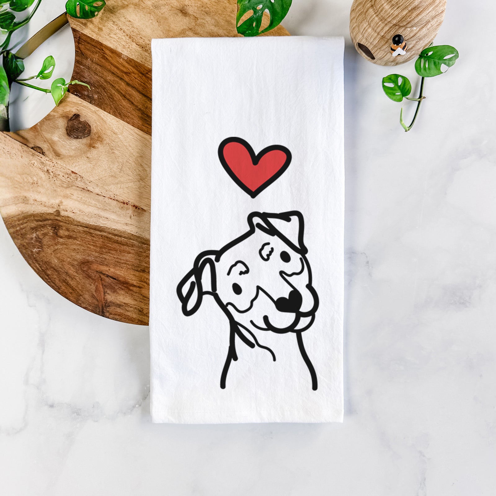 Minimalist line drawing of a Mini Pinscher with a red heart on a tea towel