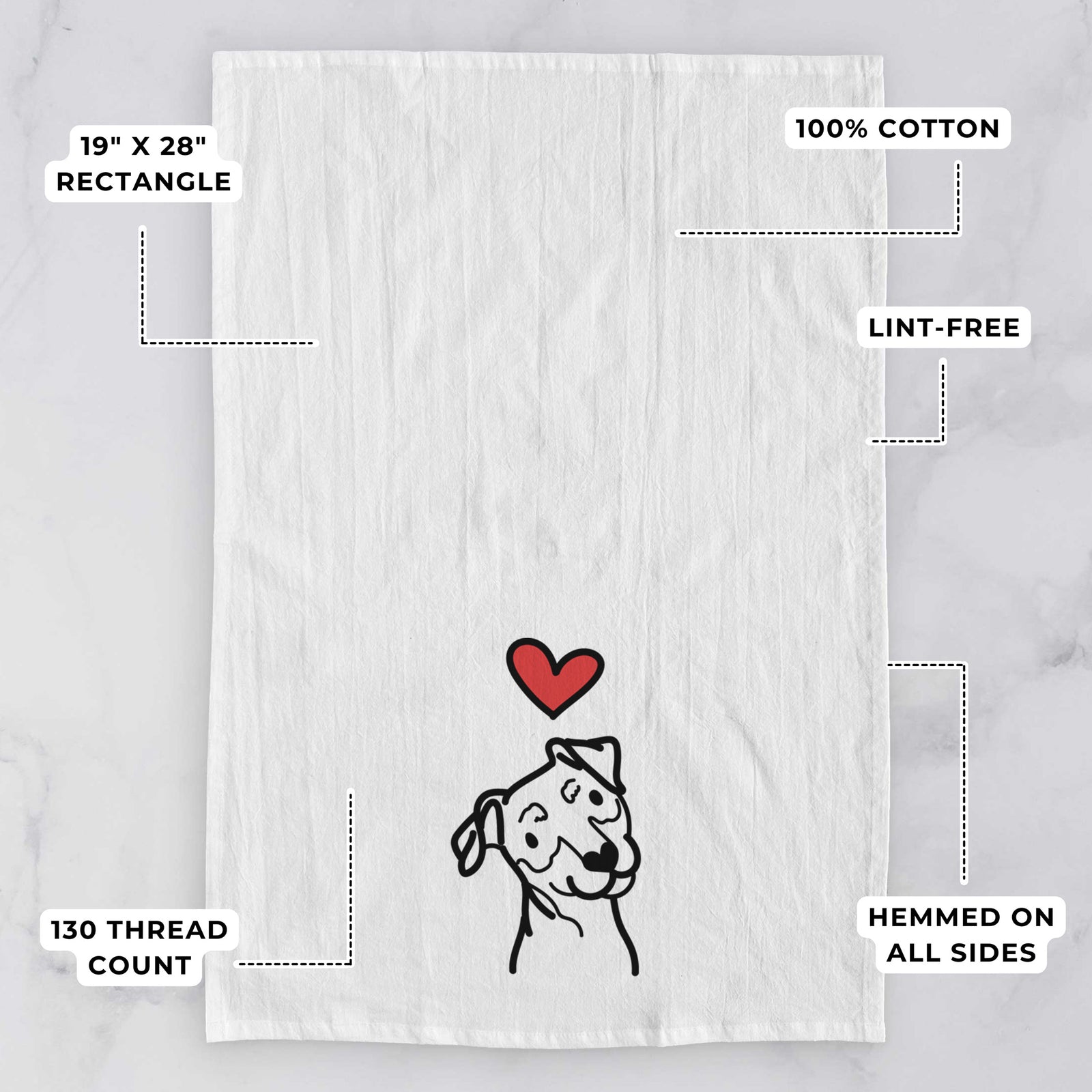 Minimalist line drawing of a Mini Pinscher with a red heart on a tea towel, with feature callouts: 19 x 28 inch rectangle, 100% cotton, lint-free, 120 thread count, hemmed on all sides
