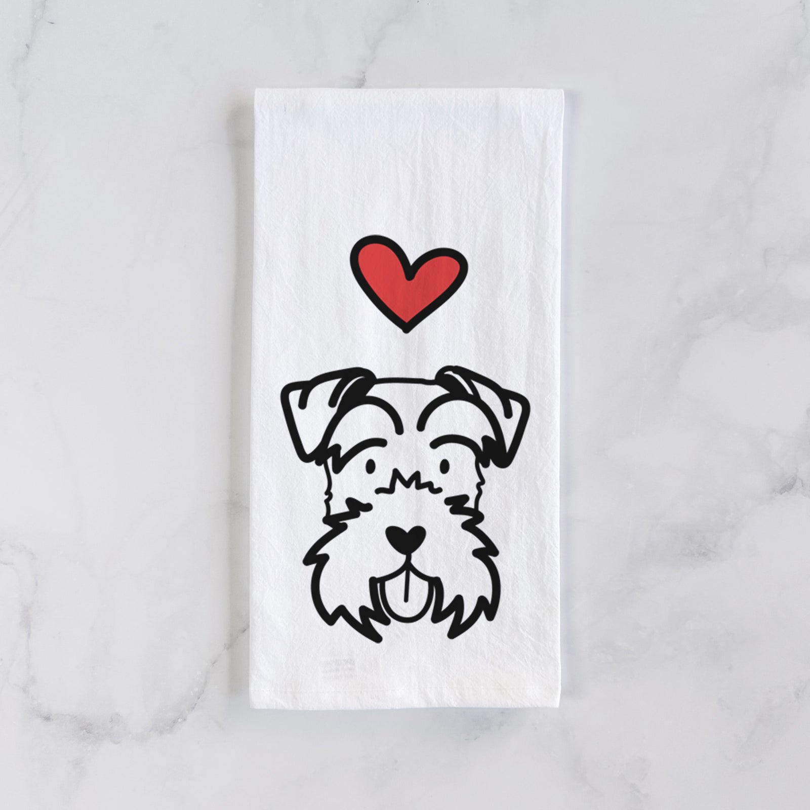 Minimalist line drawing of a Miniature Schnauzer with a red heart on a tea towel