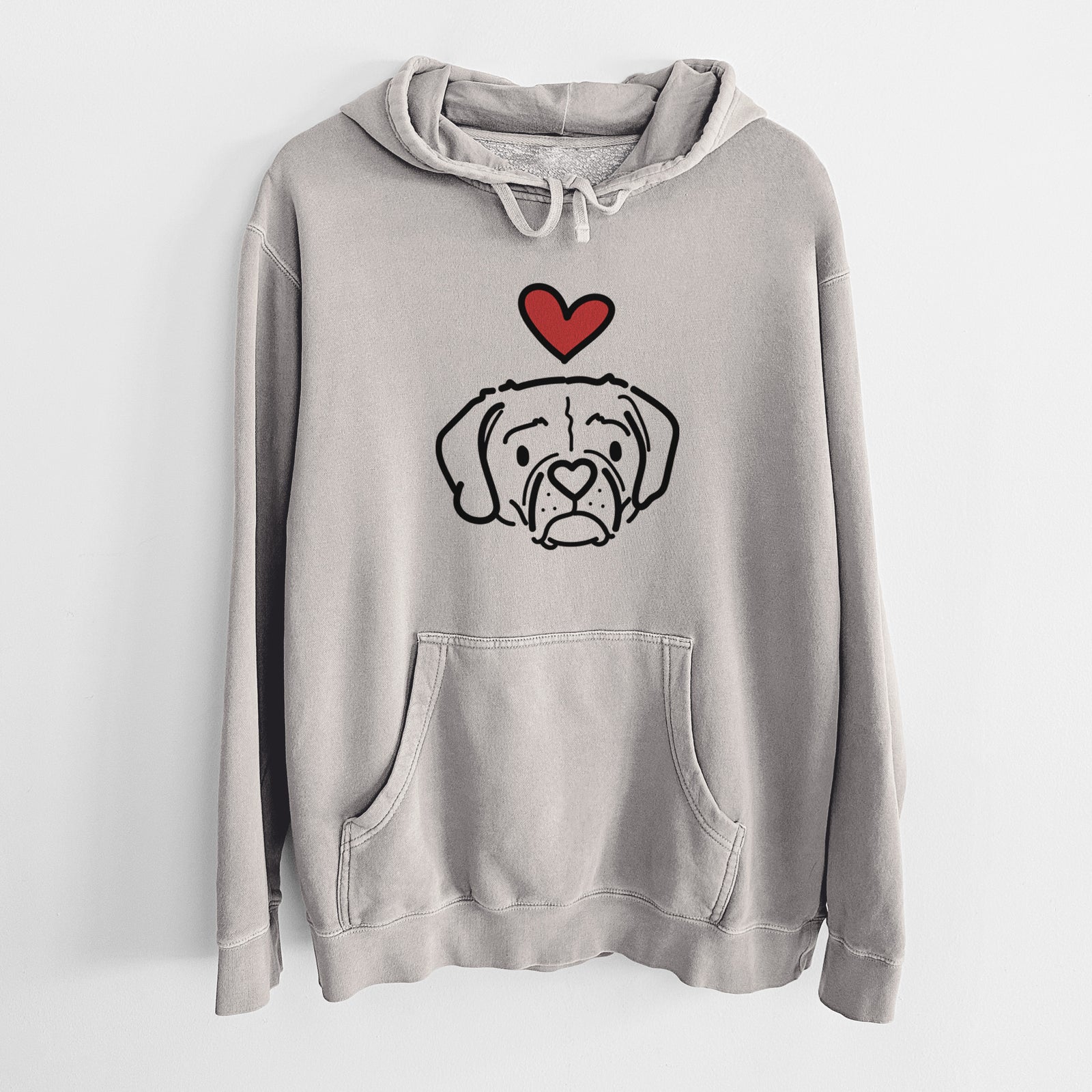 Minimalist line drawing of Mitzi the Puggle with a red heart on a Cement Unisex pigment dyed hoodie