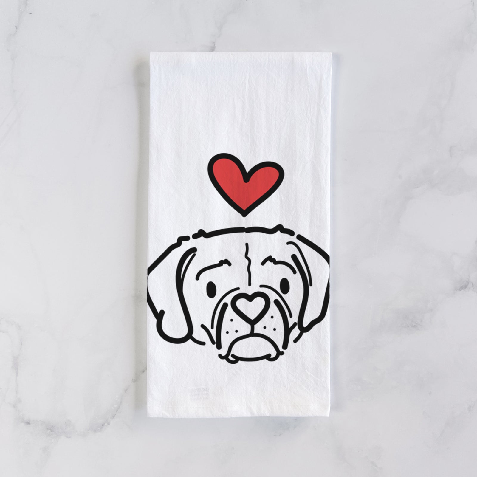 Minimalist line drawing of Mitzi the Puggle with a red heart on a tea towel