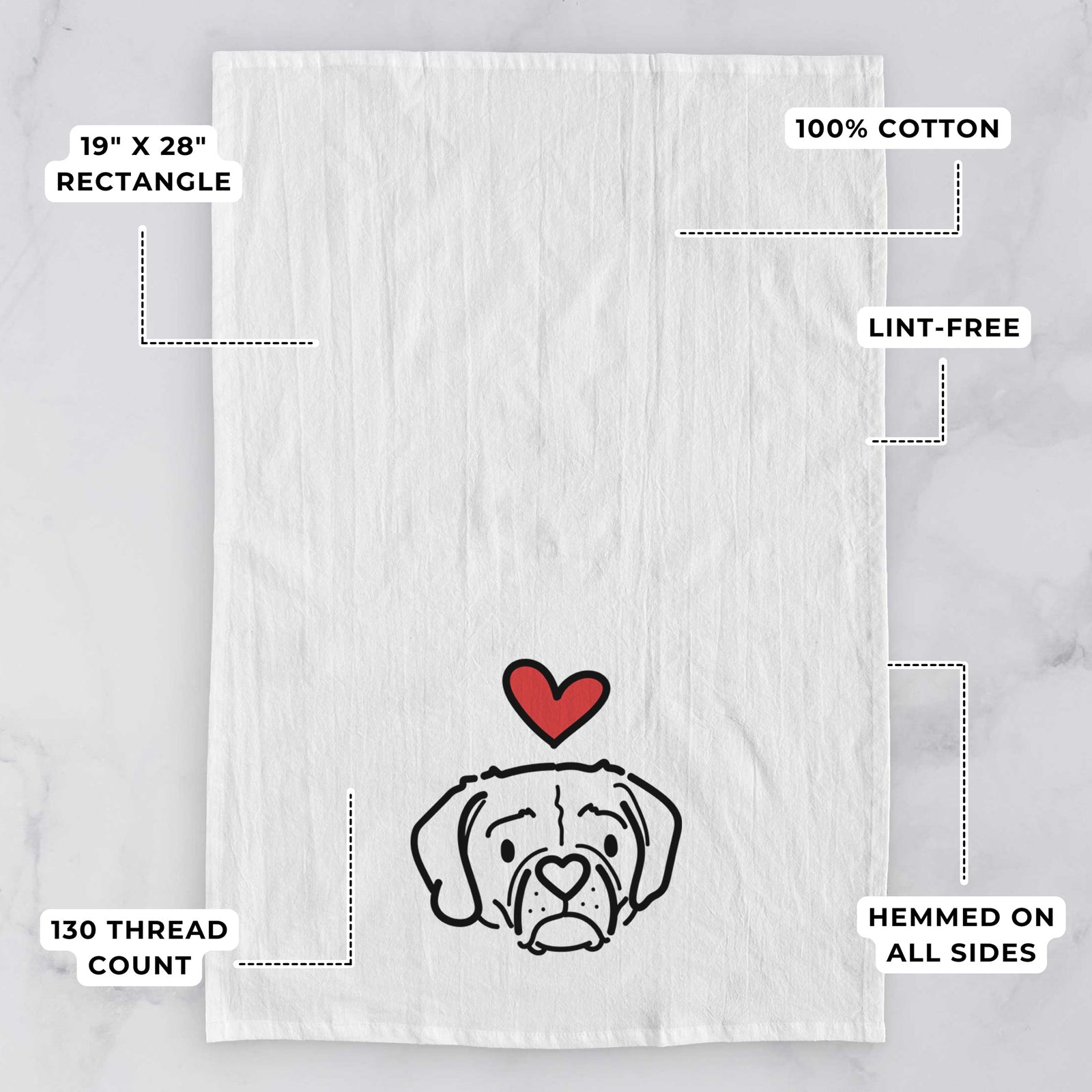 Minimalist line drawing of Mitzi the Puggle with a red heart on a tea towel, with feature callouts: 19 x 28 inch rectangle, 100% cotton, lint-free, 120 thread count, hemmed on all sides