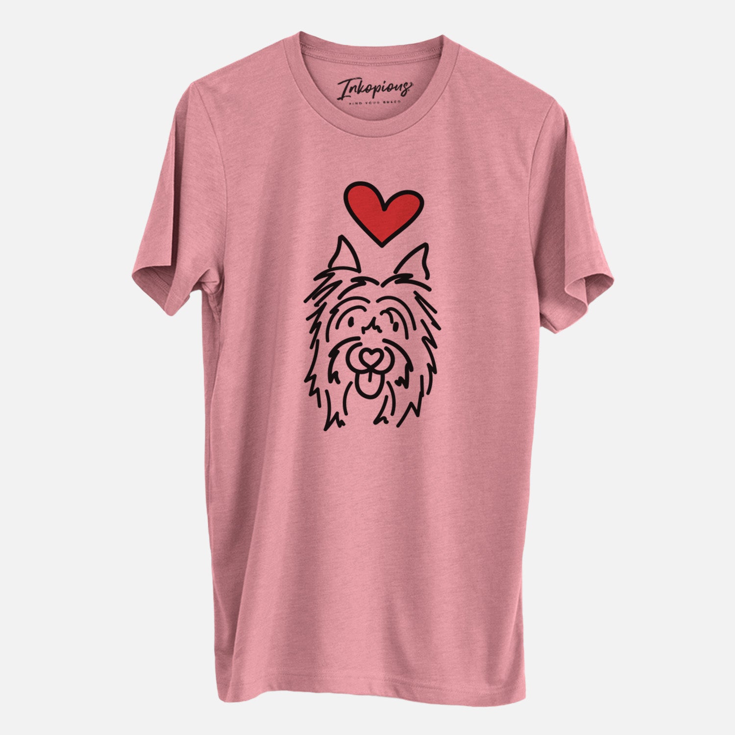 Minimalist line drawing of Monty the Silky Terrier with a red heart on a Mauve Unisex crewneck, worn by a man