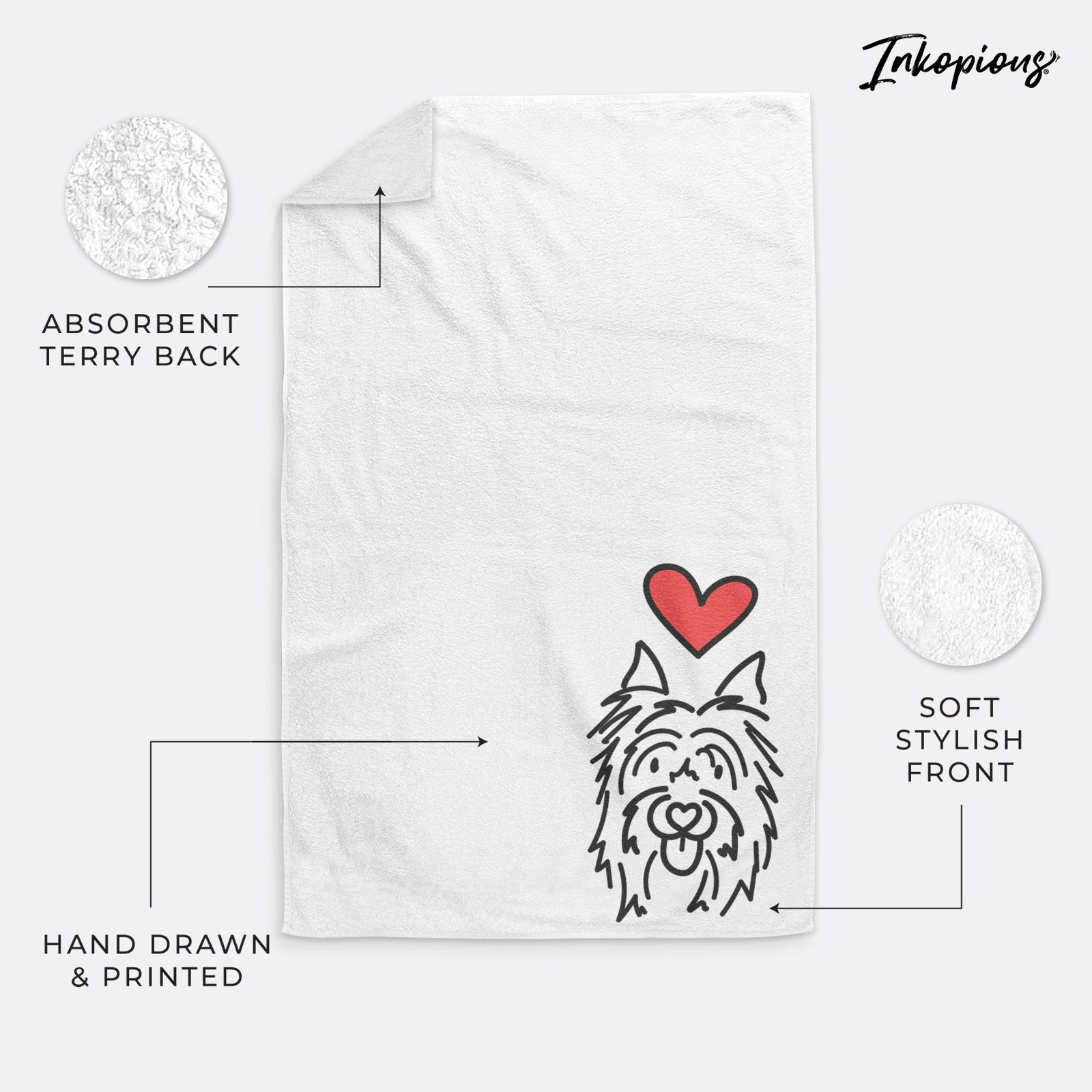 Minimalist line drawing of Monty the Silky Terrier with a red heart on a hand towel