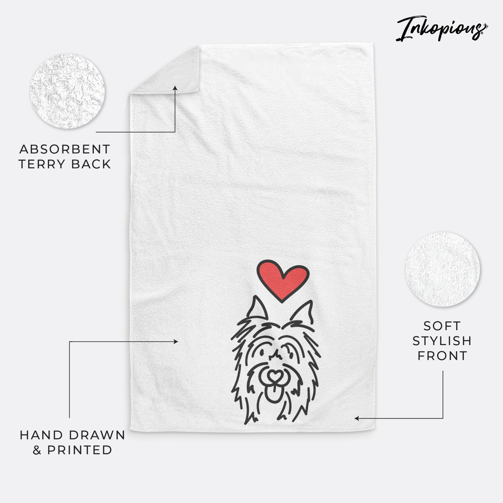 Minimalist line drawing of Monty the Silky Terrier with a red heart on a hand towel