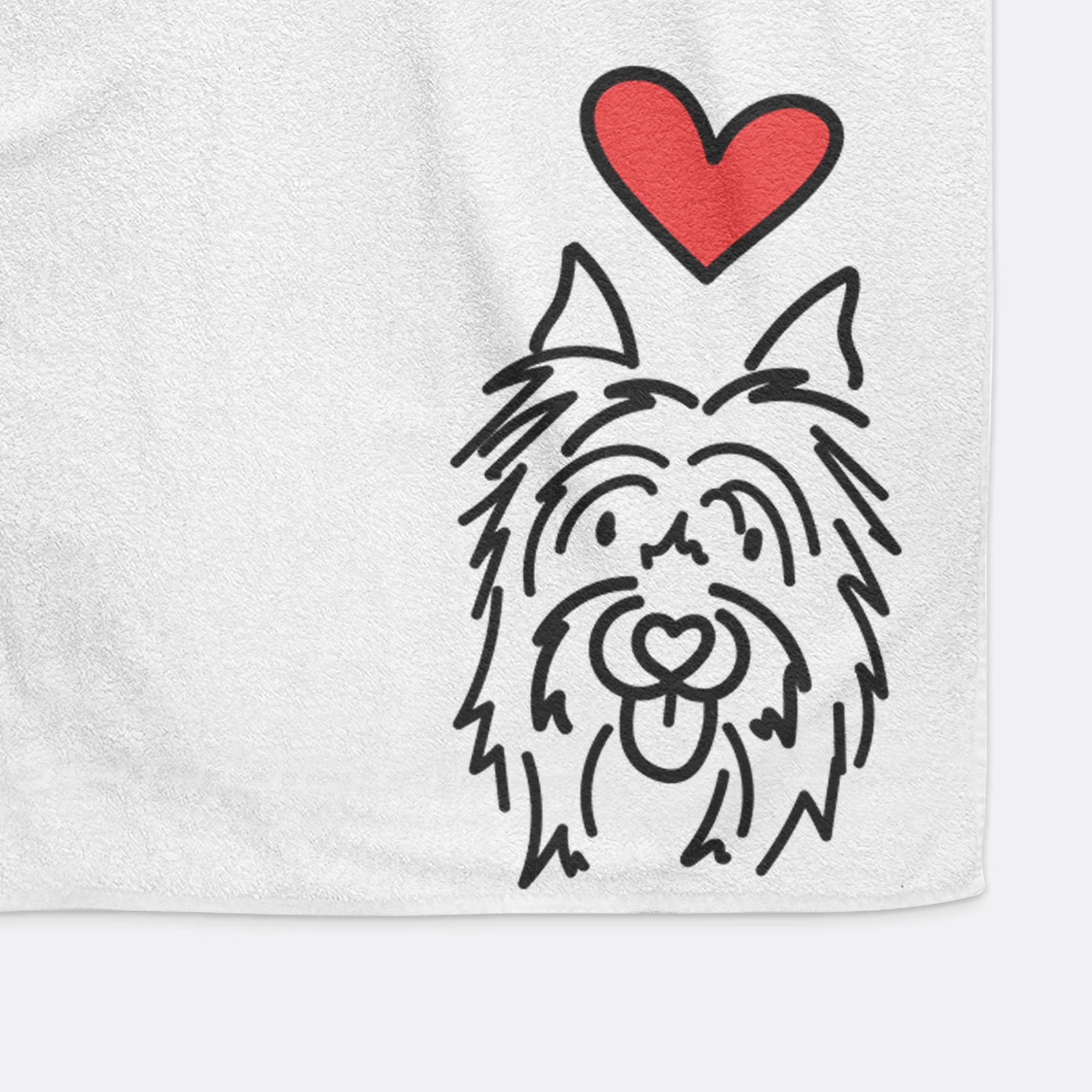 Minimalist line drawing of Monty the Silky Terrier with a red heart on a hand towel