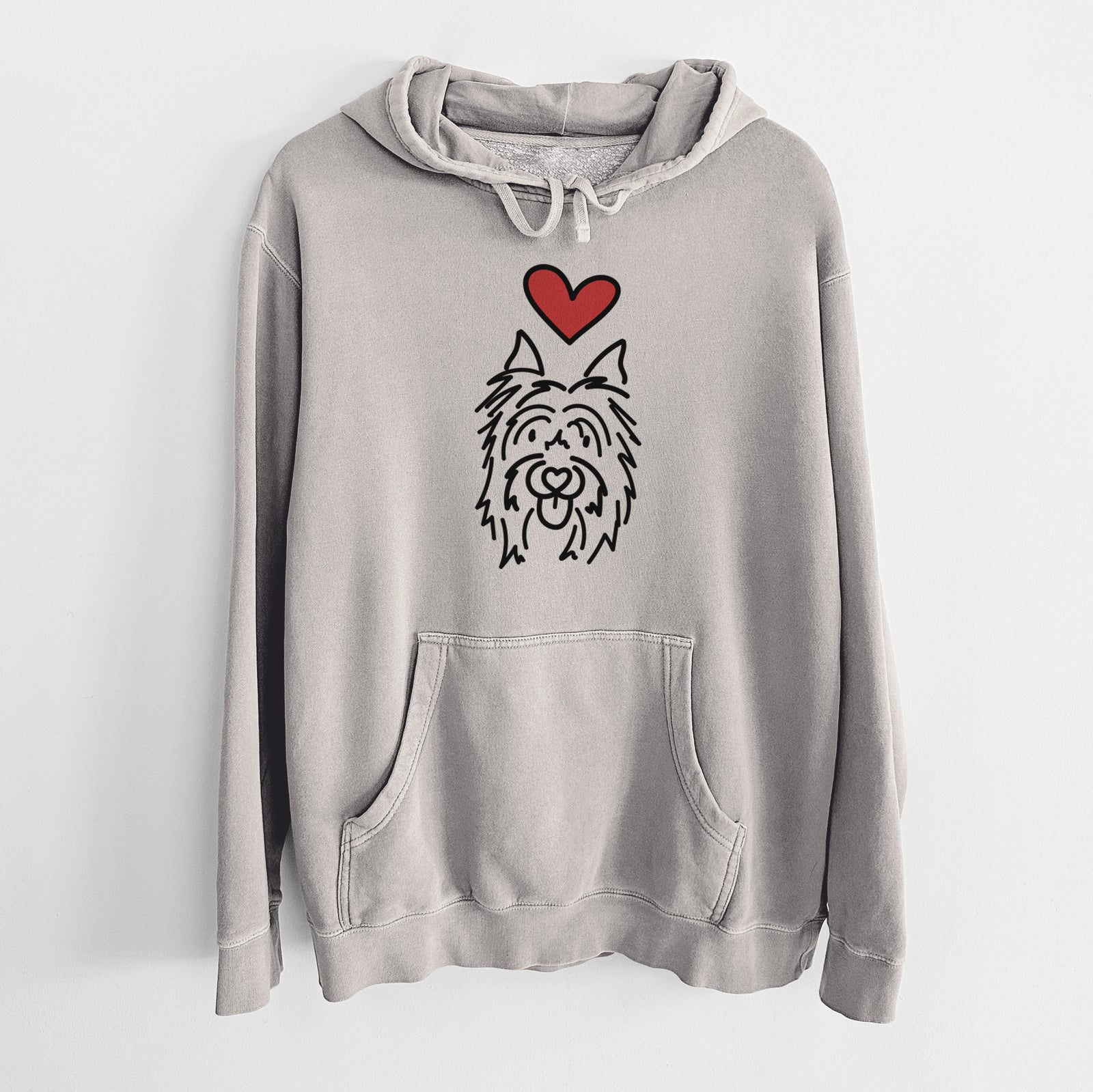 Minimalist line drawing of Monty the Silky Terrier with a red heart on a Cement Unisex pigment dyed hoodie