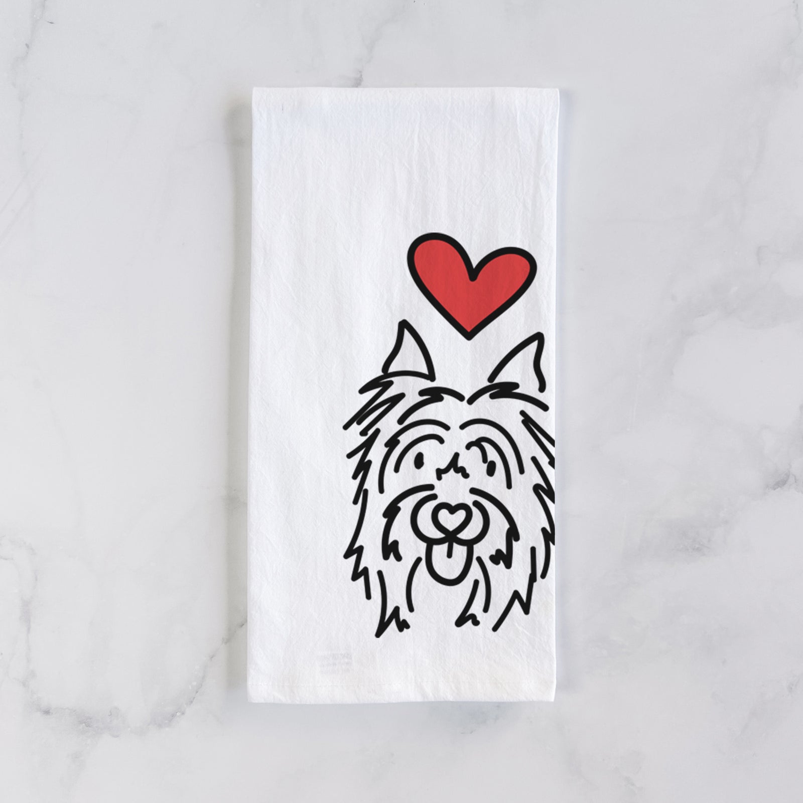 Minimalist line drawing of Monty the Silky Terrier with a red heart on a tea towel